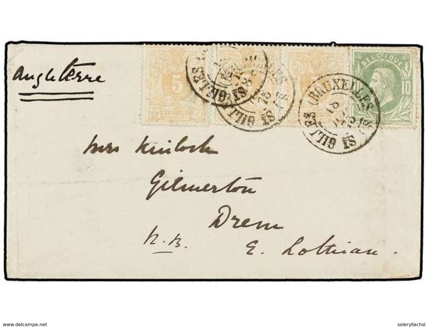 115 BELGICA. Of.28 (3), 30. 1875. BRUXELLES To GREAT BRITAIN. Envelope Franked With Strip Of Three <B>5 Cts.</B> Ocre An - Other & Unclassified