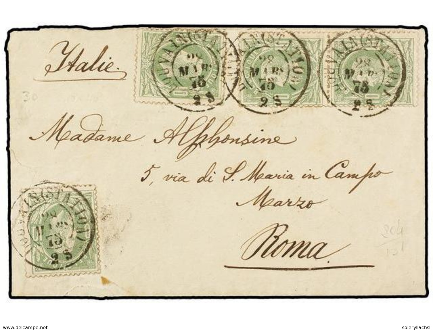 116 BELGICA. Of.30 (4). 1875. LOUVAIN To ROMA (Italy). Envelope Franked With Four <B>10 Cts.</B> Green Stamps. Arrival C - Autres & Non Classés