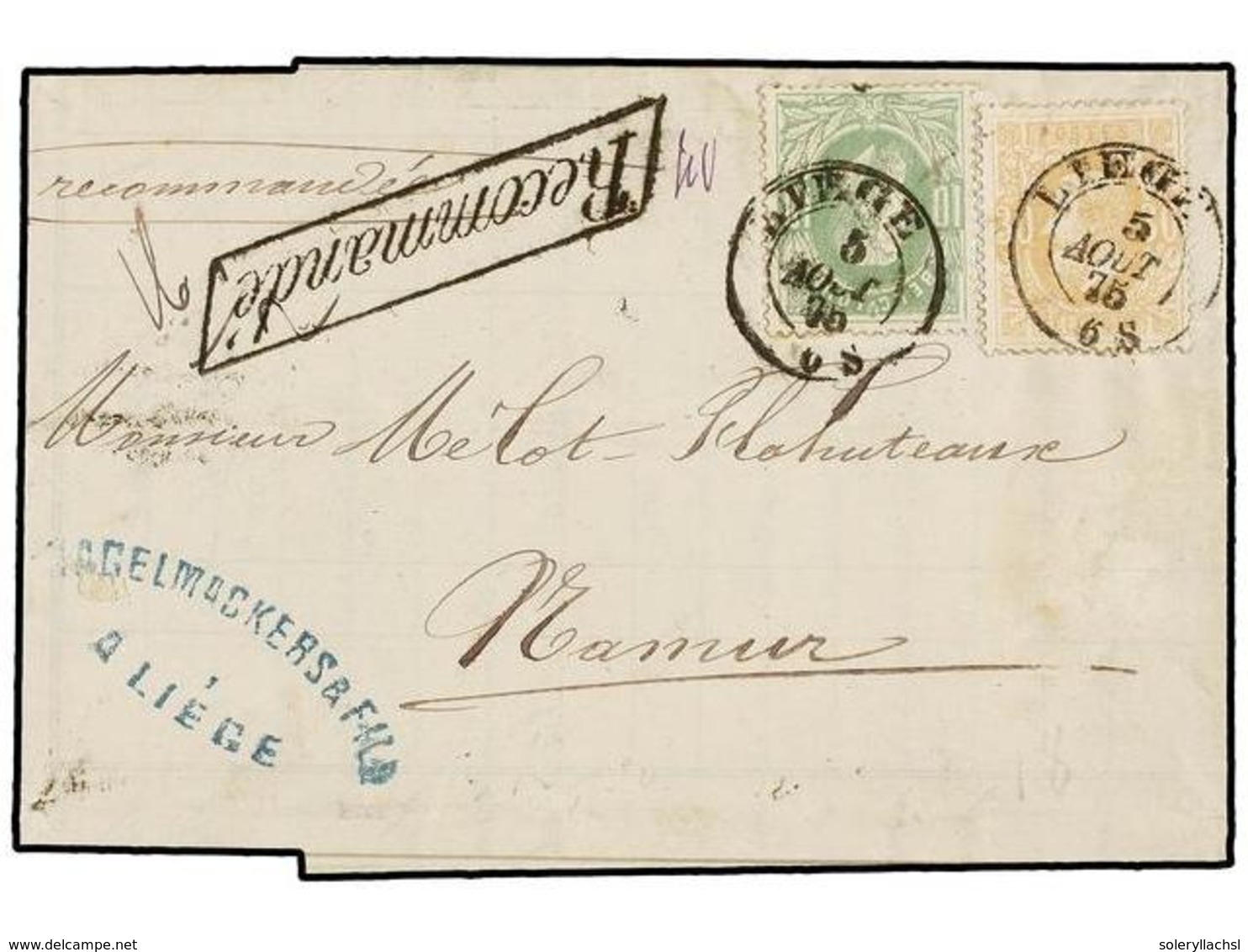 118 BELGICA. Of.30, 33. 1875. LIEGE To NAMUR. Entire Letter Franked With <B>10 Cts.</B> Green And <B>30 Cts.</B> Ocre St - Sonstige & Ohne Zuordnung