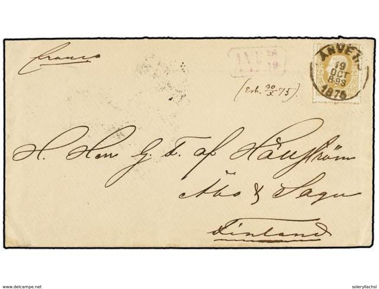 119 BELGICA. Of.32. 1875. ANVERS To FINLAND. Envelope Franked With <B>25 Cts.</B> Ocre Stamp. Arrival On Reverse. - Other & Unclassified