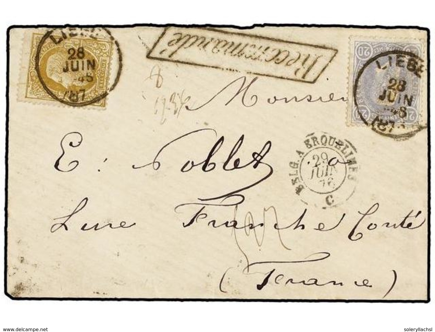 120 BELGICA. Of.31, 32. 1876. LIEGE To FRANCE. Envelope Franked With <B>20 Cts. </B>blue And <B>25 Cts.</B> Olive Stamps - Autres & Non Classés