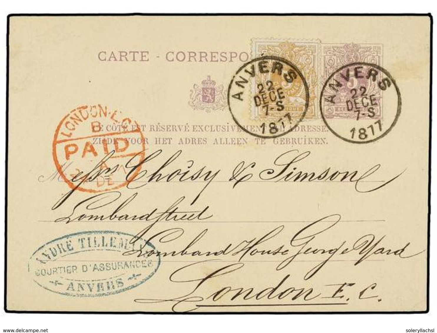 125 BELGICA. Of.28. 1877. ANVERS To LONDON. <B>5 Cts. </B>lilac Postal Stationery Card Uprated With <B>5 Cts.</B> Ocre S - Other & Unclassified