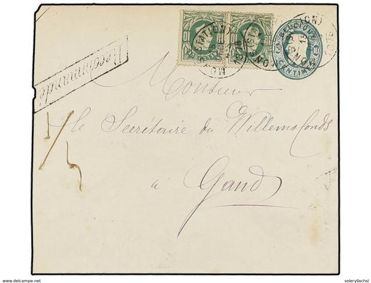 126 BELGICA. Of.30. 1878 (15 December). MONS To GAND. <B>10 Cts.</B> Green Postal Stationery Envelope (reduced At Left)  - Andere & Zonder Classificatie