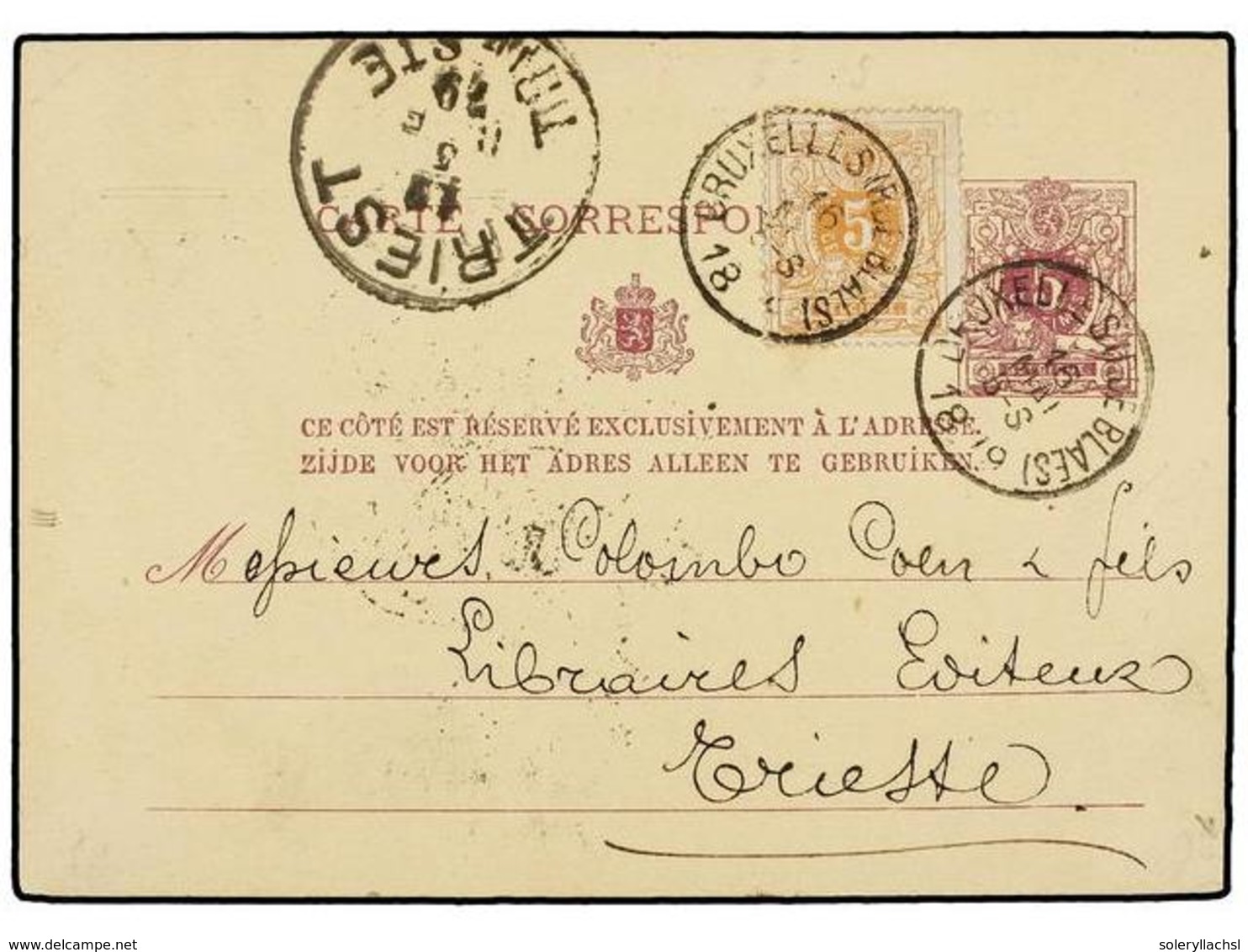 128 BELGICA. Of.28. 1879. BRUXELLES To TRIESTE (Austria). <B>5 Cts.</B> Lilac Postal Stationery Card Uprated With <B>5 C - Sonstige & Ohne Zuordnung