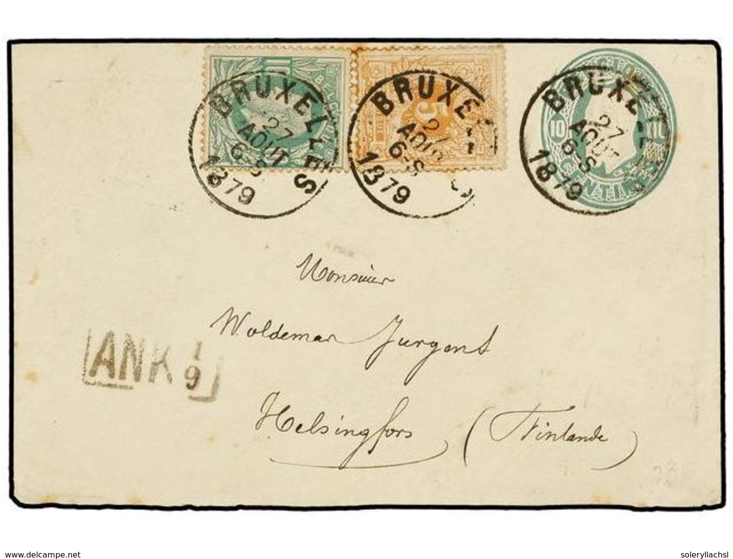 129 BELGICA. Of.28, 30. 1879. BRUXELLES To FINLAND. <B>10 Cts.</B> Green Postal Stationery Envelope Uprated With <B>5 Ct - Andere & Zonder Classificatie