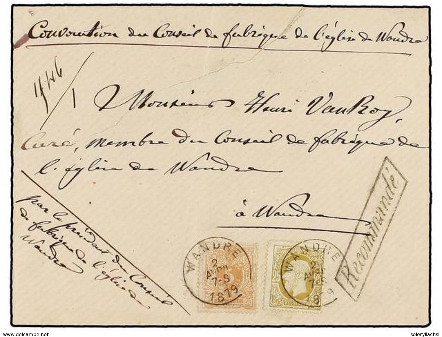 130 BELGICA. Of.28, 32. 1879. WANDRE Internal Mail. Envelope Franked With <B>5 Cts.</B> Orange And <B>25 Cts.</B> Olive  - Other & Unclassified