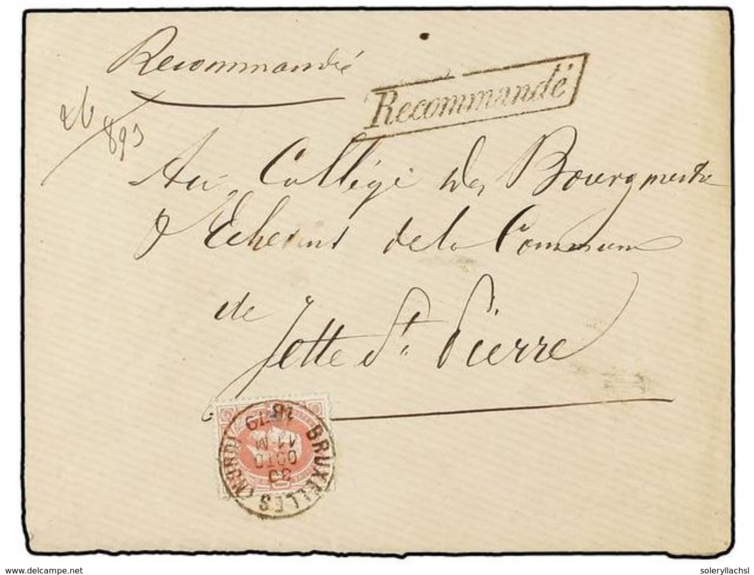 132 BELGICA. Of.34. 1879. BRUXELLES To JETTE. Envelope Franked With <B>40 Cts.</B> Rose Stamp. <B>RECOMMANDE</B> Mark An - Autres & Non Classés