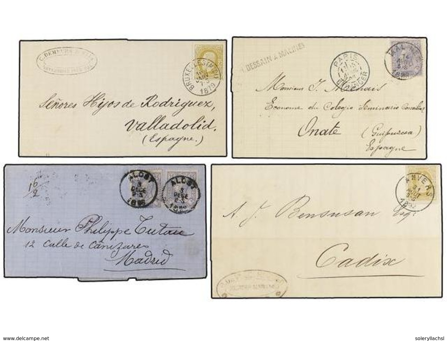 133 BELGICA. 1879-1886. FOUR Covers To SPAIN With <B>25 Cts.</B> (3) And <B>25 + 25 Cts.</B> Frankings. - Autres & Non Classés