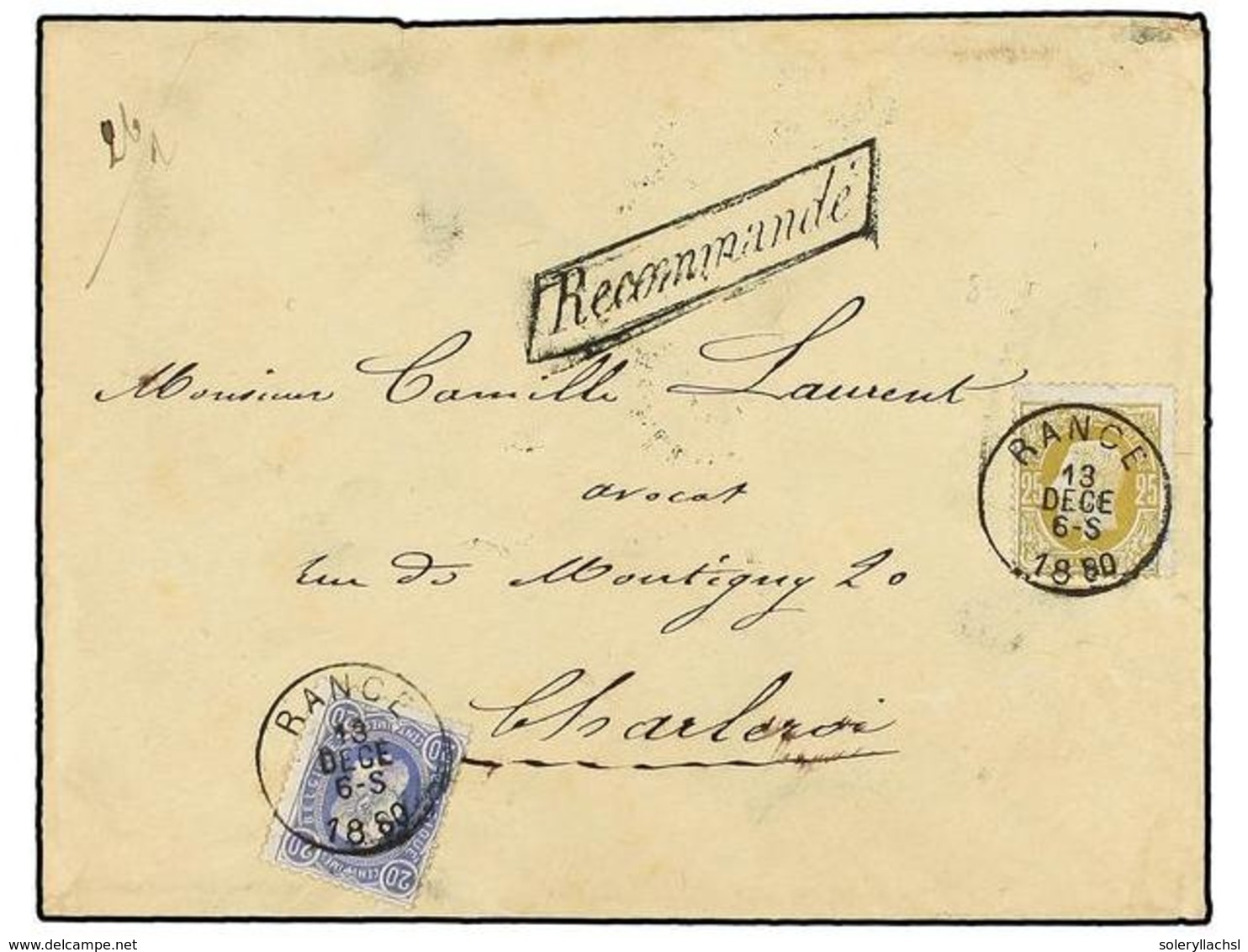 136 BELGICA. Of.31, 32. 1880. RANCE To CHARLEROI. Envelope Franked With <B>20 Cts.</B> Blue And <B>25 Cts.</B> Olive Sta - Sonstige & Ohne Zuordnung