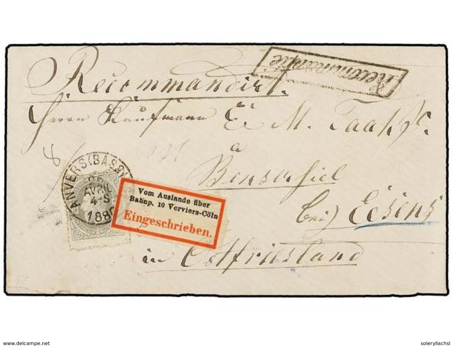 137 BELGICA. Of.35. 1880. ANVERS To ESSENS (Germany). Envelope Franked With <B>50 Cts.</B> Grey With <B>RECOMMANDE</B> M - Autres & Non Classés