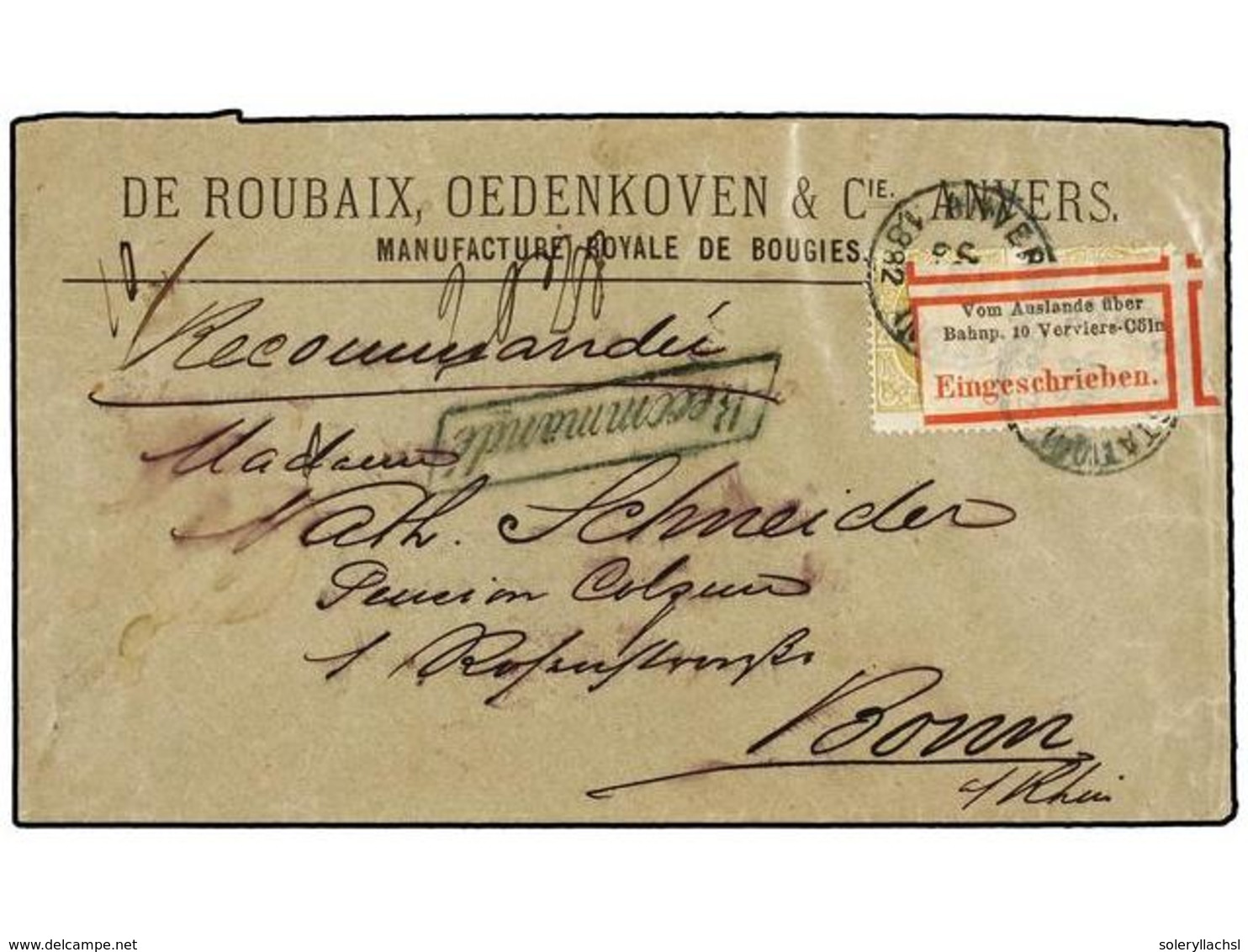 145 BELGICA. Of.32 (2). 1882. ANVERS To BONN (Germany). Envelope Franked With Two <B>25 Cts.</B> Olive Stamps, Tied By B - Other & Unclassified