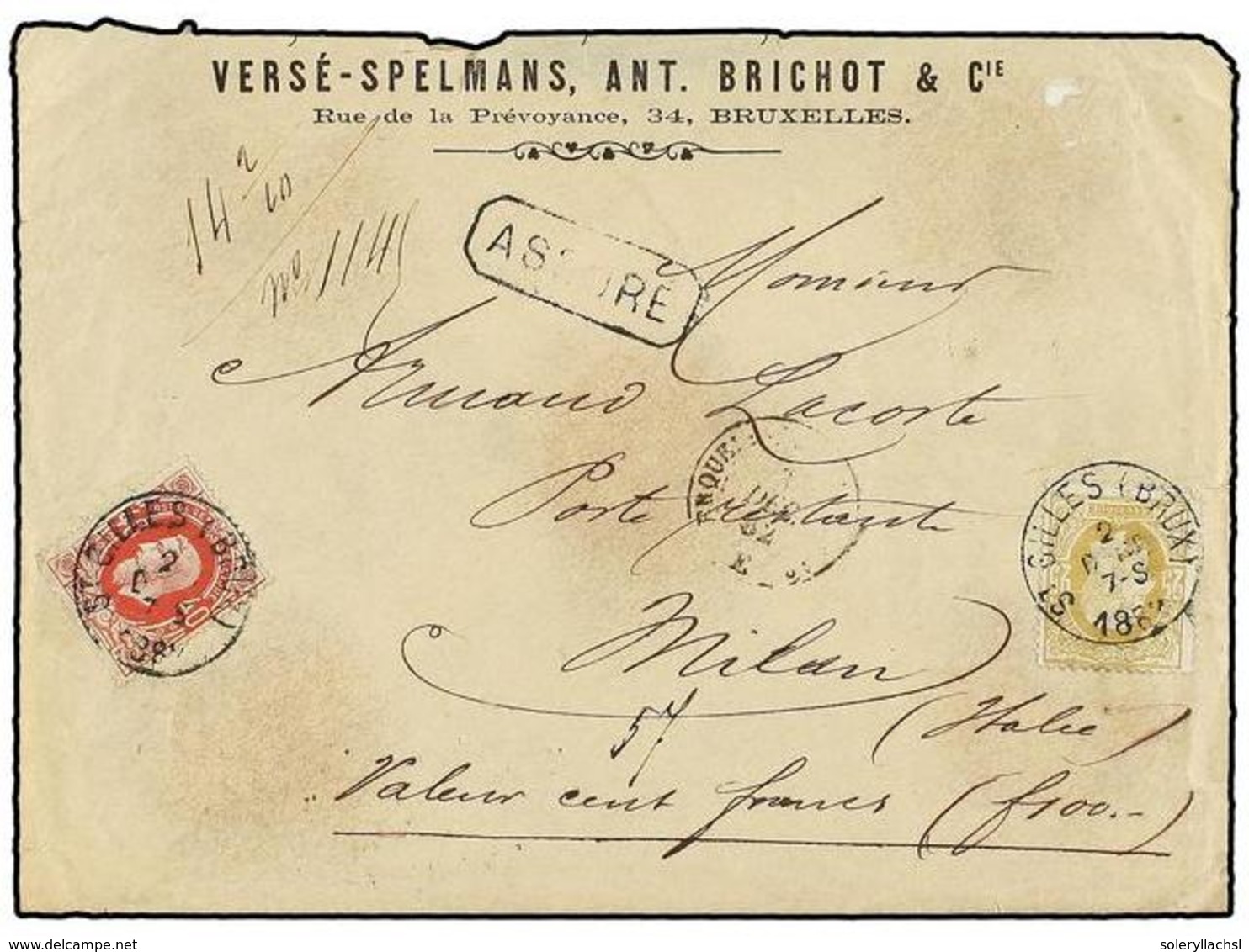 146 BELGICA. Of.32, 34. 1882. GILLES To FRANCE. Envelope Franked With <B>25 Cts.</B> Ocre And <B>40 Cts.</B> Stamps. <B> - Other & Unclassified