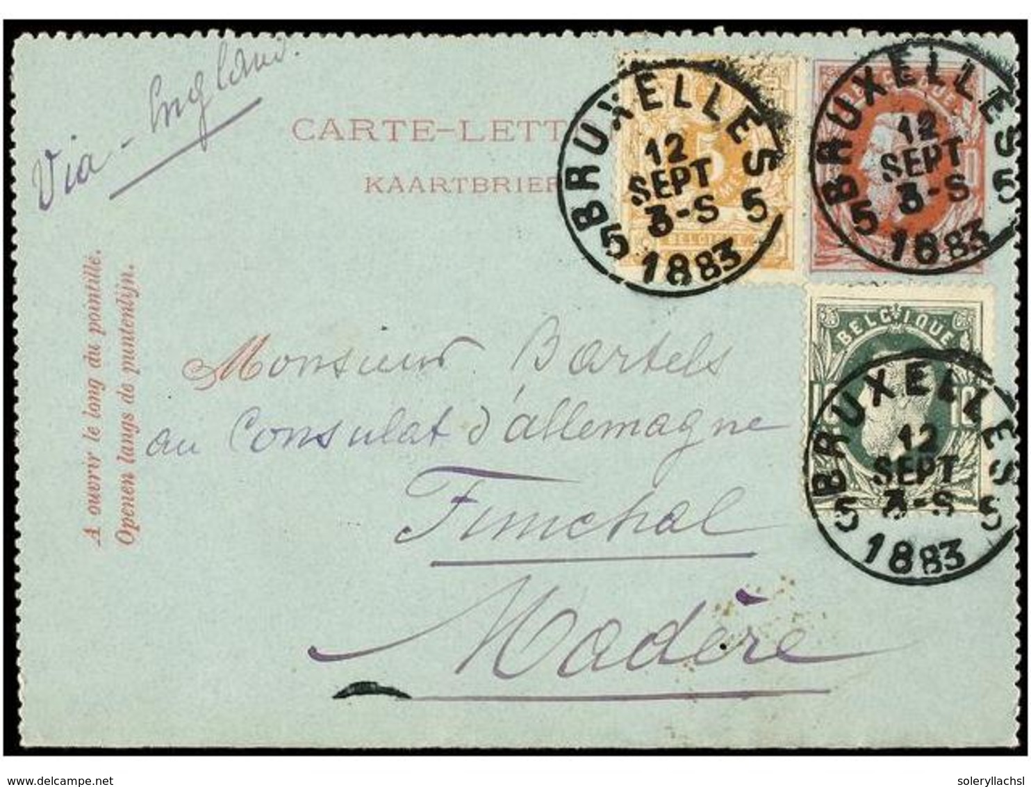 147 BELGICA. Of.28, 30. 1883. BRUXELLES To FUNCHAL (Madeira). <B>10 Cts.</B> Rose Postal Stationery Card Uprated With <B - Other & Unclassified