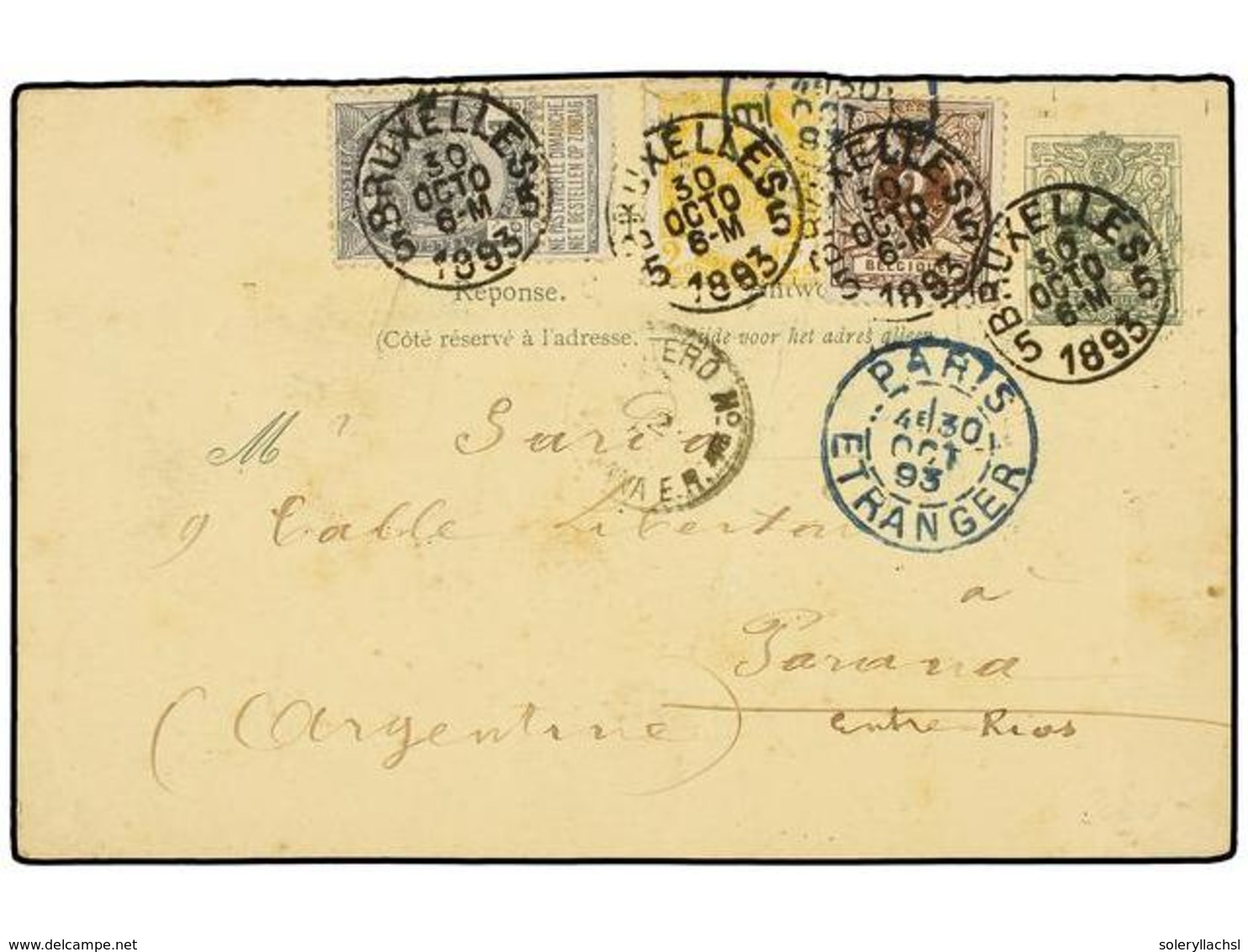 148 BELGICA. Of.53/55. 1883. BRUXELLES To PARANA (Argentina). <B>5 Cts.</B> Green Postal Stationery Card Uprated With <B - Andere & Zonder Classificatie