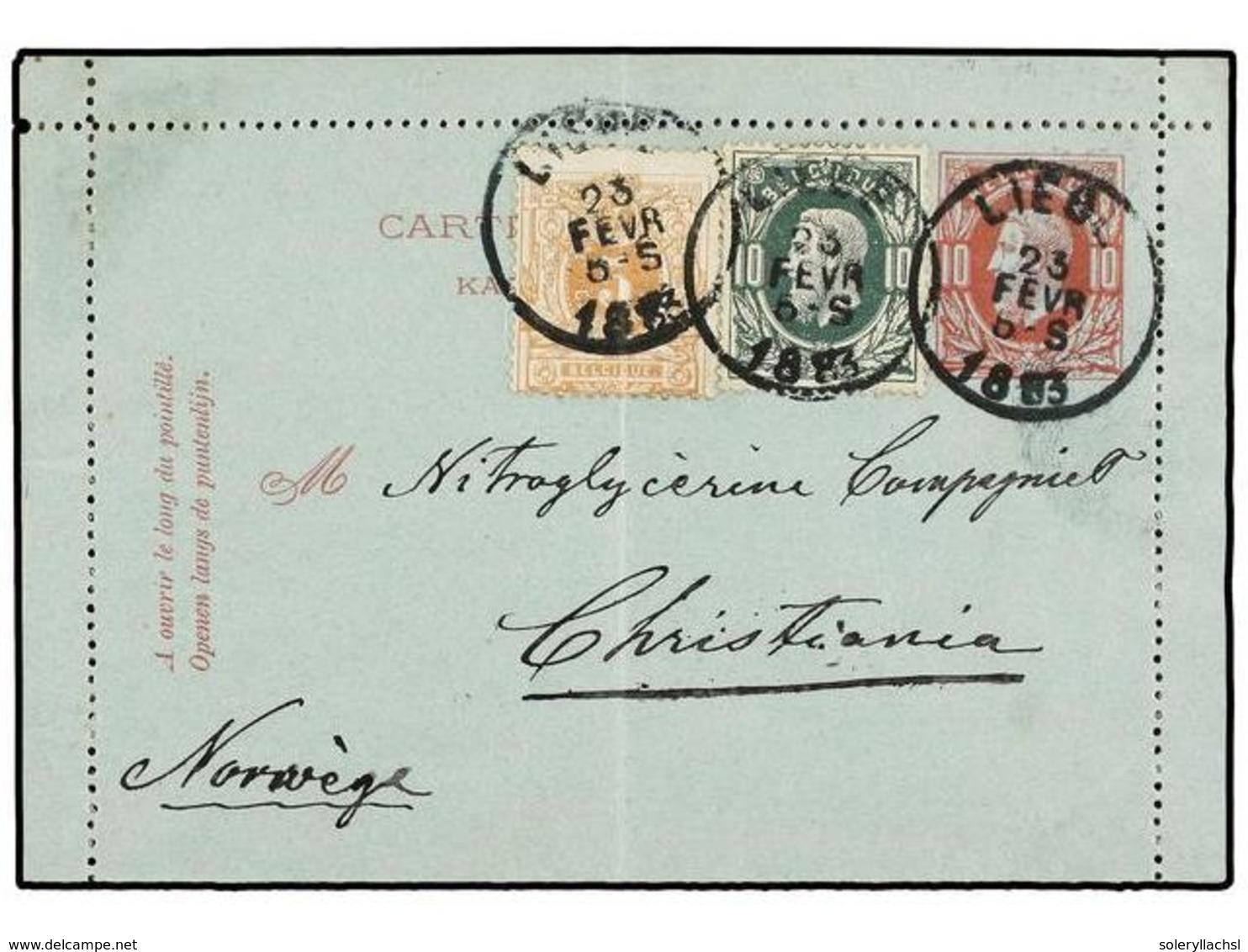 149 BELGICA. 1883. LIEGE To NORWAY. <B>10 Cts.</B> Rose Postal Stationery Card Uprated With <B>5 Cts.</B> Ocre And <B>10 - Other & Unclassified