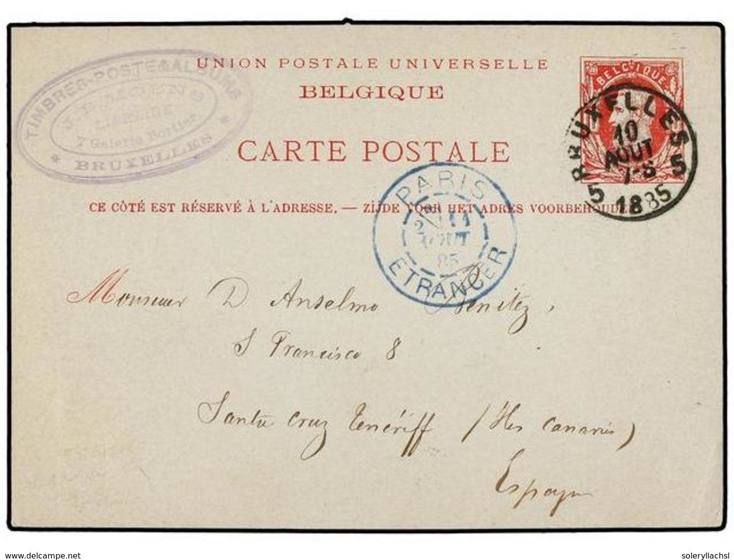 152 BELGICA. 1885. BRUXELLES To STA. CRUZ DE TENERIFE (Canary Islands). <B>10 Cts.</B> Red Postal Stationery Card, Arriv - Andere & Zonder Classificatie