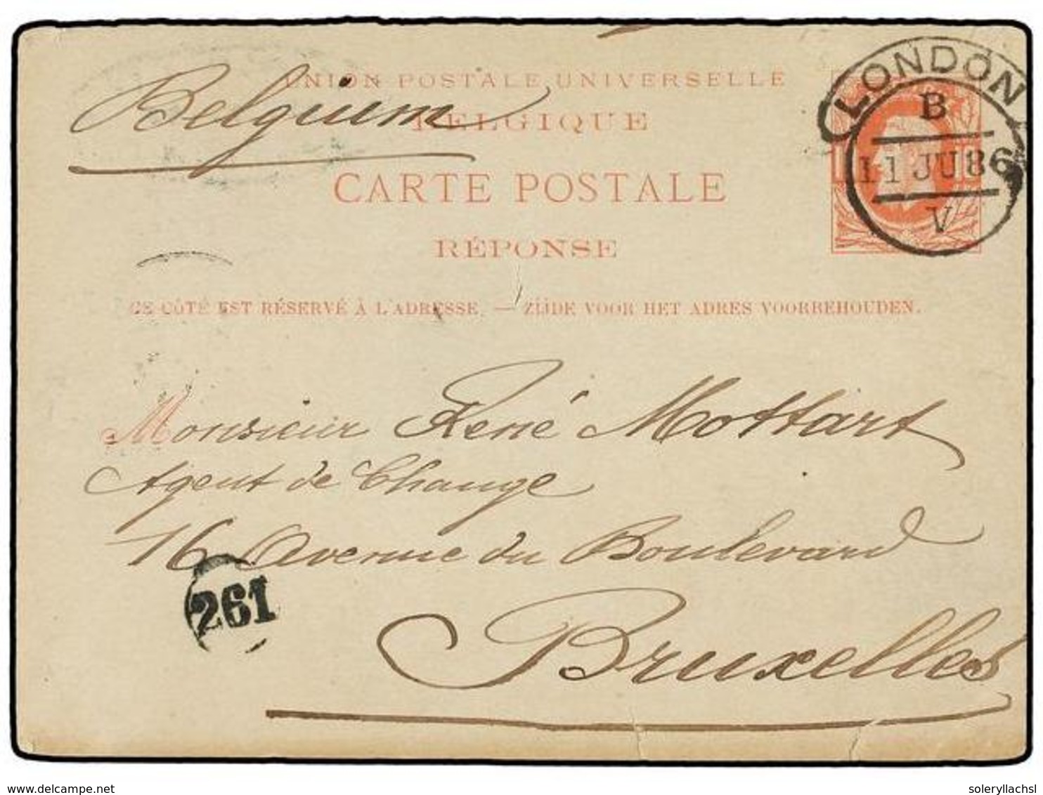 153 BELGICA. 1886. LONDON To BRUXELLES. Belgian <B>10 Cts.</B> Rose <B>REPLY CARD</B> Tied By <B>LONDON</B> Cds, Arrival - Andere & Zonder Classificatie