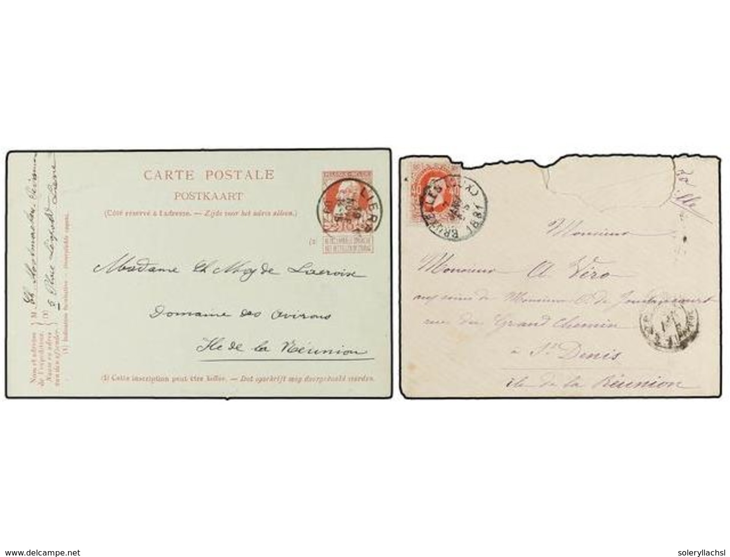 155 BELGICA. 1881-1909. Cover And Postal Stationery Sent To SAINT DENIS (Reunion Islands). Cover Faults But RARE Destina - Autres & Non Classés