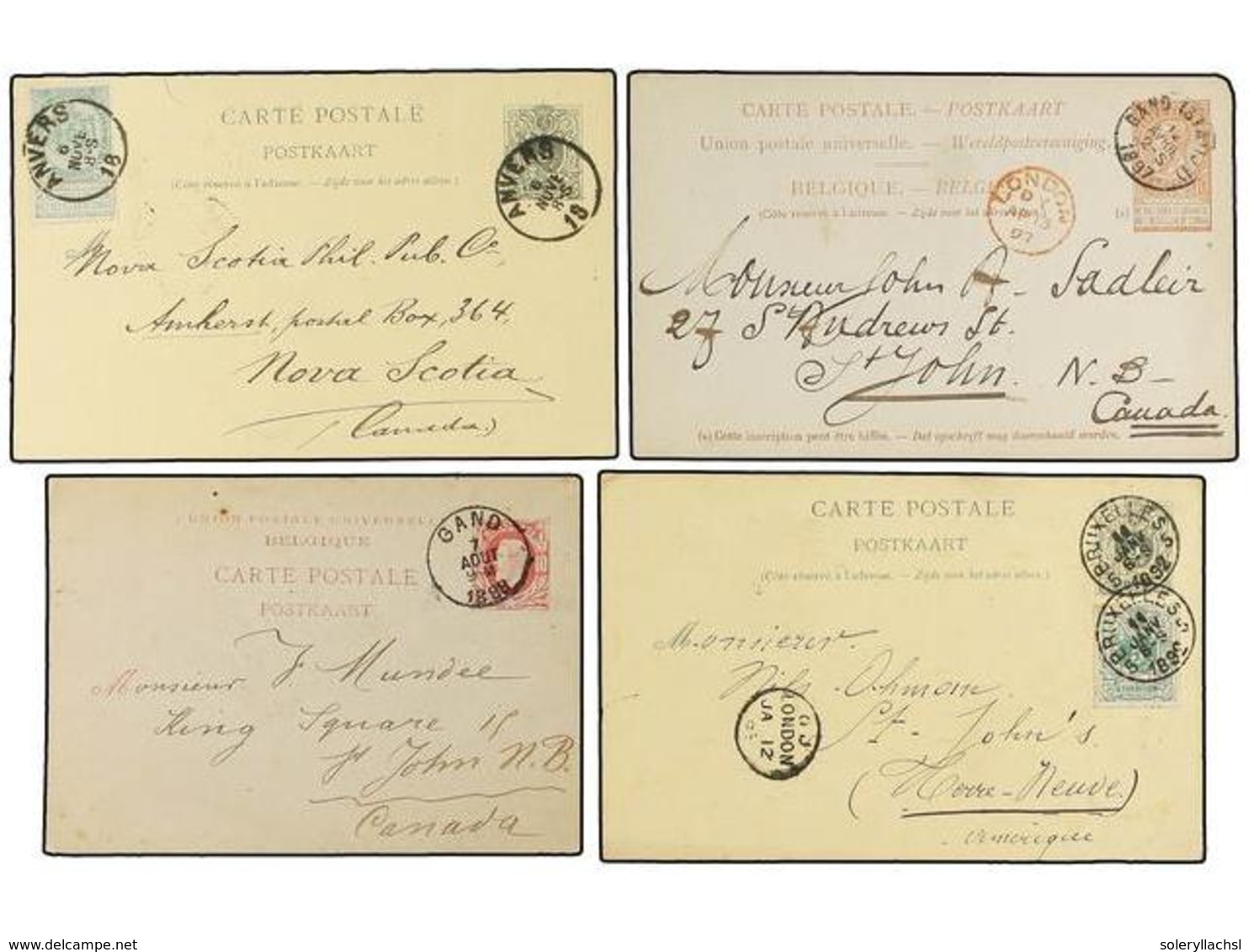 161 BELGICA. 1888-93. FOUR Postal Stationery Cards To NOVA SCOTIA And NEW FOUNLAND (Canada). - Andere & Zonder Classificatie