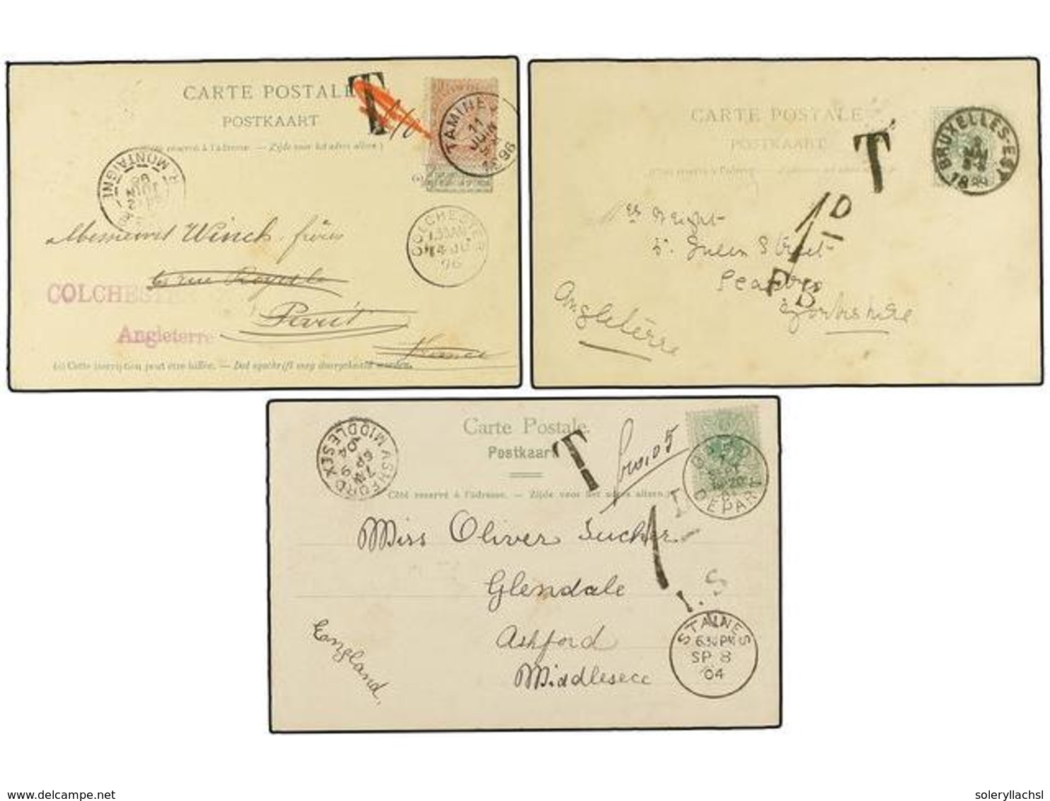 166 BELGICA. 1889-1904. FIVE Covers And Cards To GREAT BRITAIN With<B> POSTAGE DUE.</B> - Autres & Non Classés