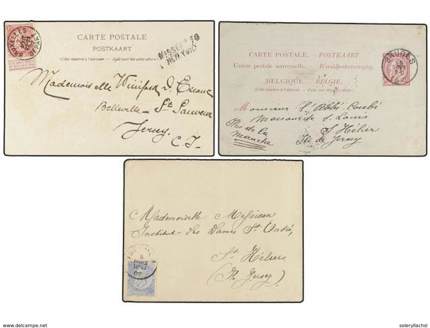 167 BELGICA. 1890-1902. THREE Covers And Card Sent To JERSEY ISLAND. - Andere & Zonder Classificatie