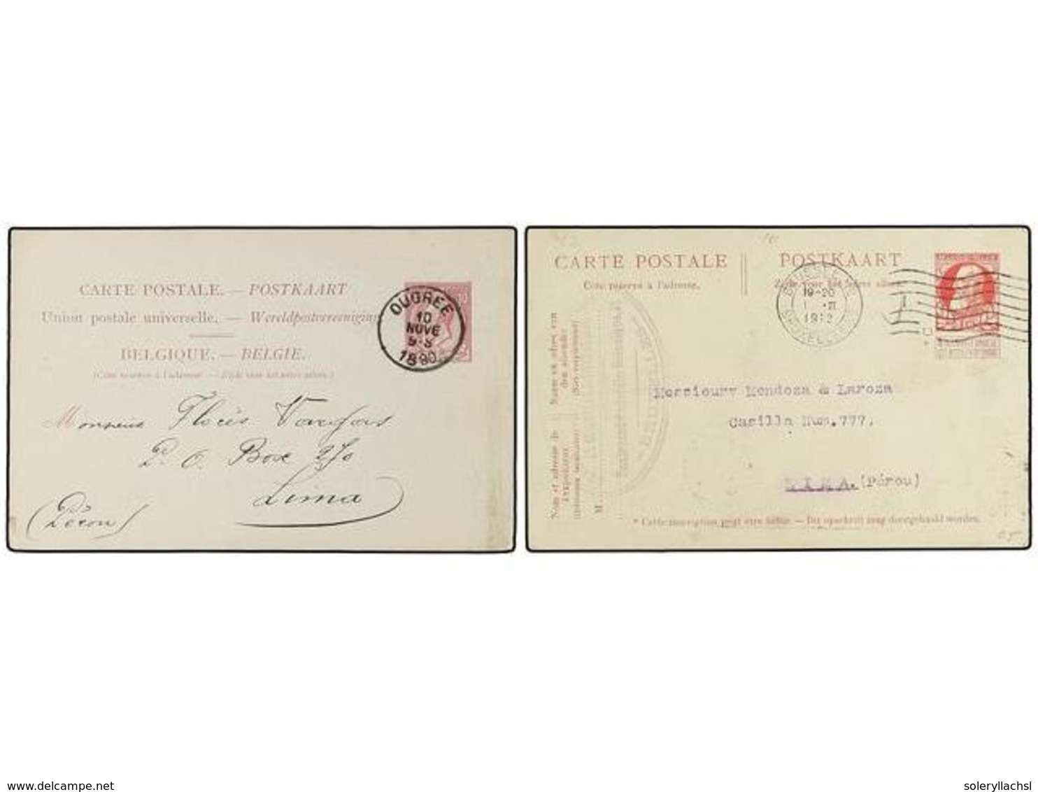 169 BELGICA. 1890-1913. TWO Postal Stationery Cards To PERU. - Other & Unclassified