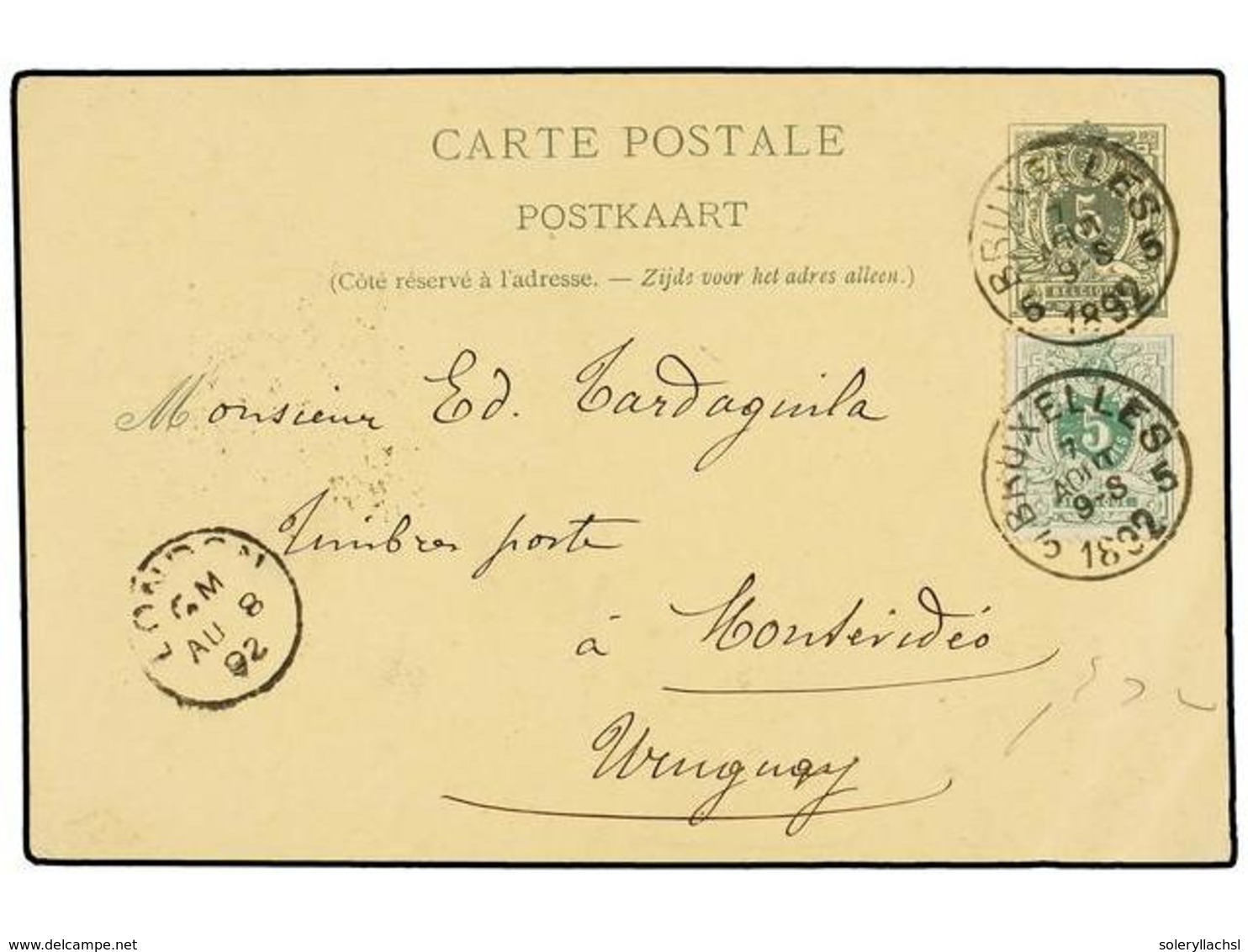 174 BELGICA. Of.45. BRUXELLES To MONTEVIDEO (Uruguay). <B>5 Cts.</B> Green Postal Stationery Card Uprated With <B>5 Cts. - Sonstige & Ohne Zuordnung