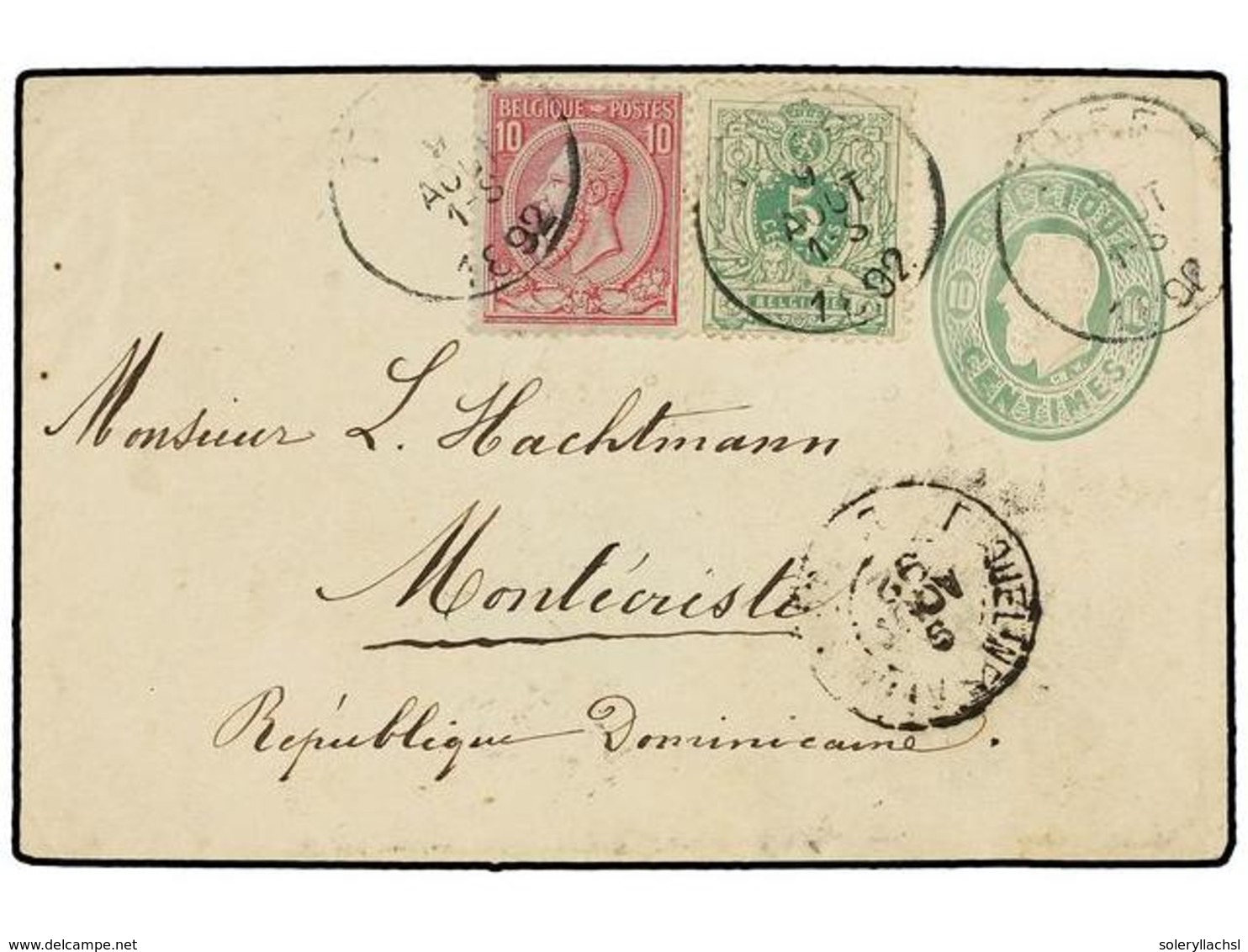 175 BELGICA. Of.45, 46. 1892. BELGIUM To MONTECRISTI (Dominican Republic). <B>10 Cts.</B> Green Postal Stationery Envelo - Andere & Zonder Classificatie