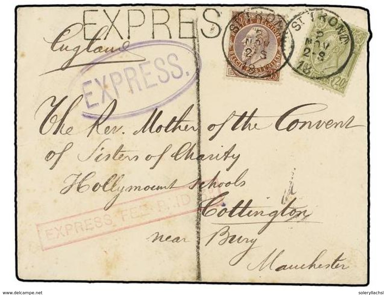 176 BELGICA. Of.47, 49. 1892. ST. TROND To MANCHESTER (Great Britain). Envelope Franked With <B>20 Cts.</B> Olive And <B - Andere & Zonder Classificatie