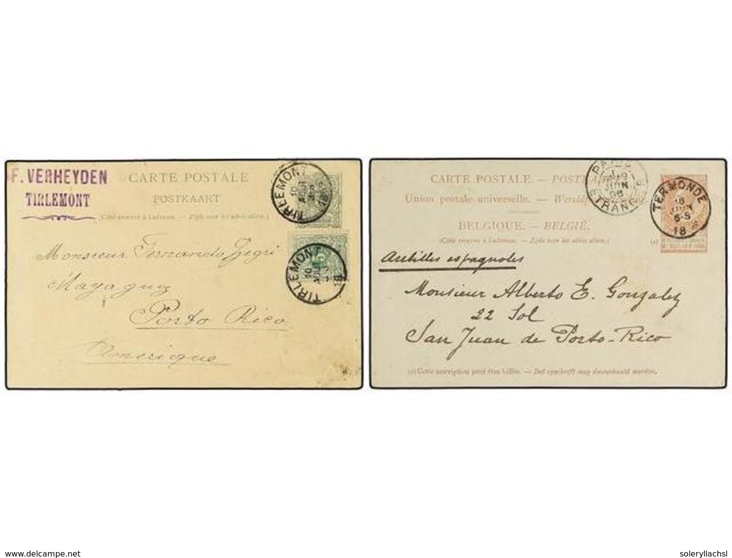 177 BELGICA. 1892-96. TWO Postal Stationery Cards To PUERTO RICO. - Autres & Non Classés