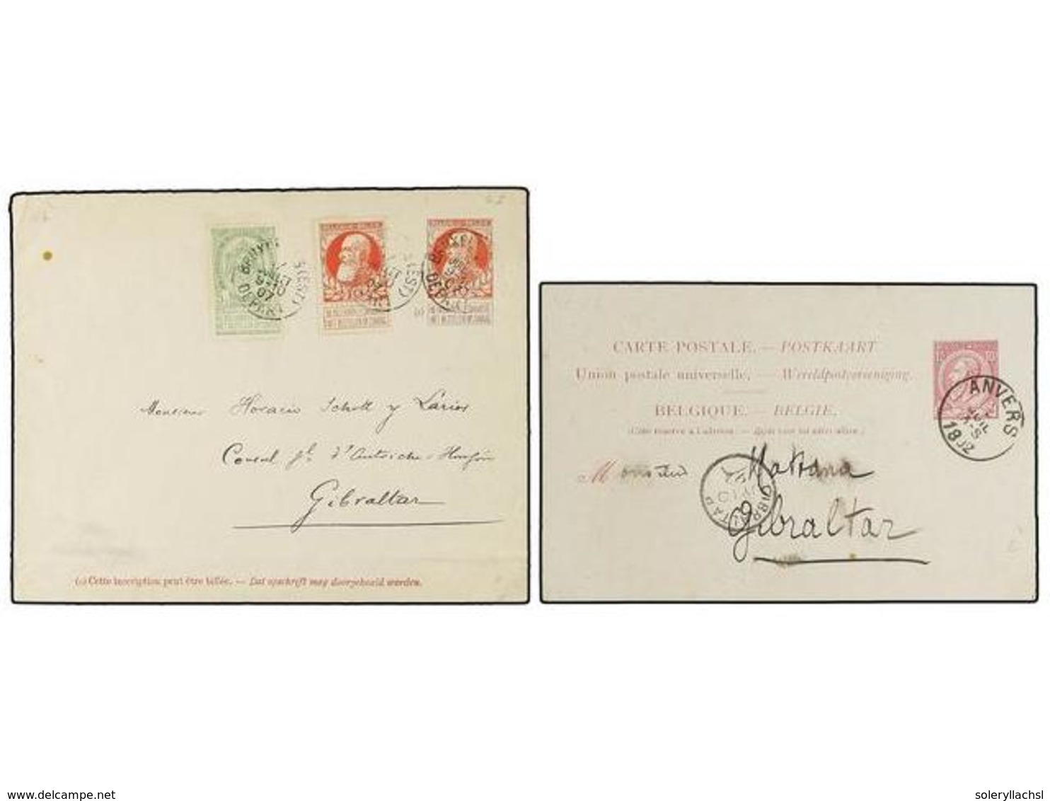 178 BELGICA. 1892-1907. Cover And Card To GIBRALTAR. - Autres & Non Classés