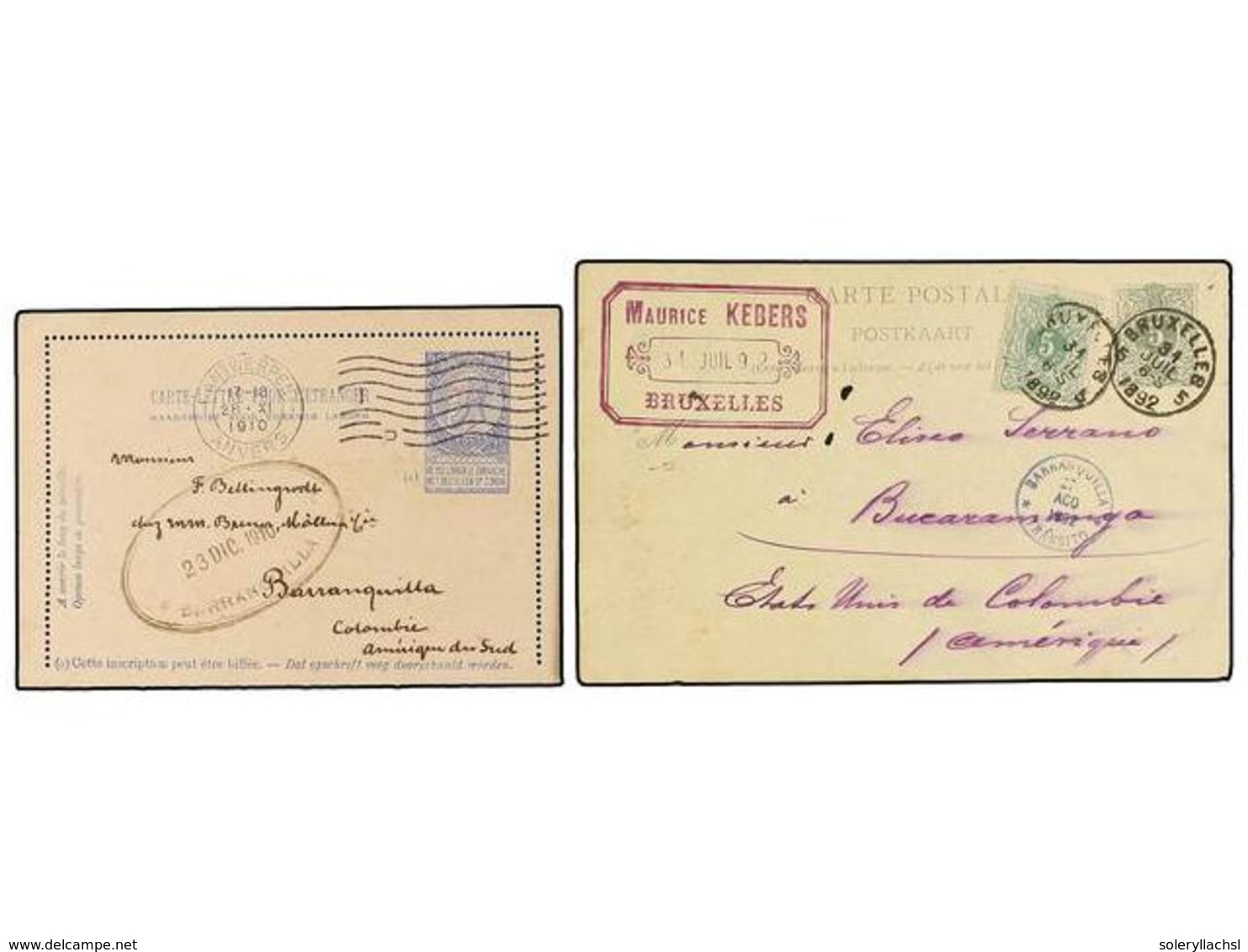 180 BELGICA. 1892-1910. TWO Postal Stationery Cards To COLOMBIA. - Autres & Non Classés