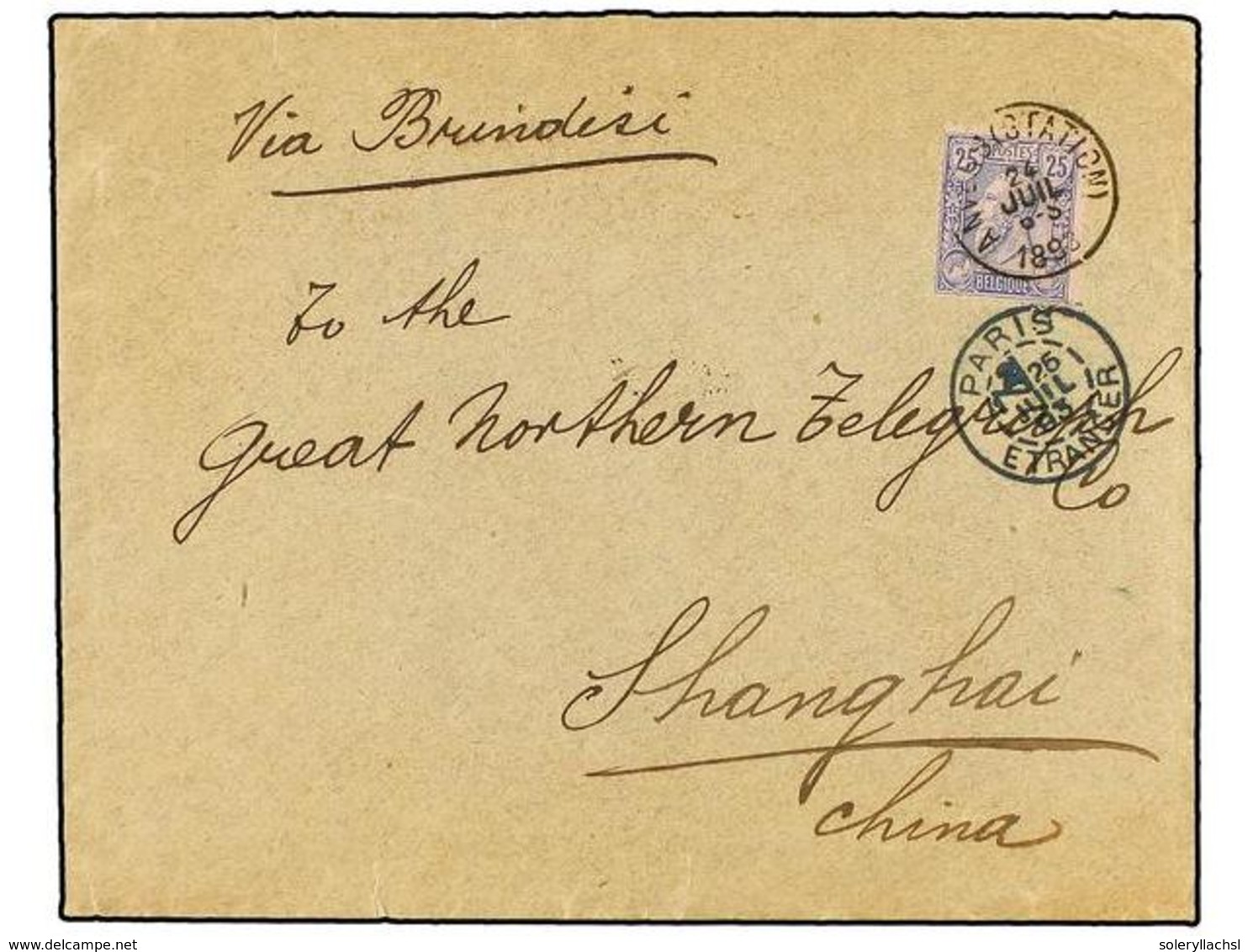 181 BELGICA. Of.48. 1893. ANVERS To SHANGHAI (China). Envelope Franked With <B>25 Cts.</B> Blue On Rose Stamp. Arrival O - Other & Unclassified