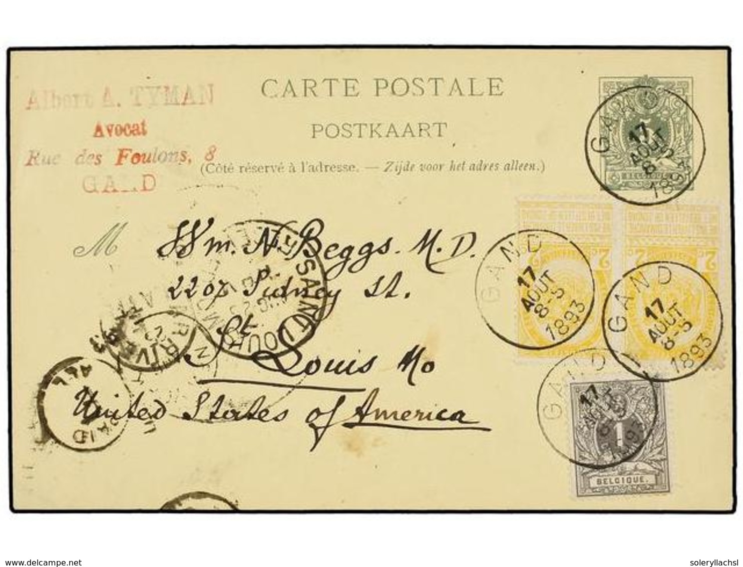 182 BELGICA. Of.53, 54 (2). 1893. GAND To ST. LOUIS (Usa). <B>5 Cts.</B> Green, Postal Stationery Card Uprated With <B>1 - Autres & Non Classés