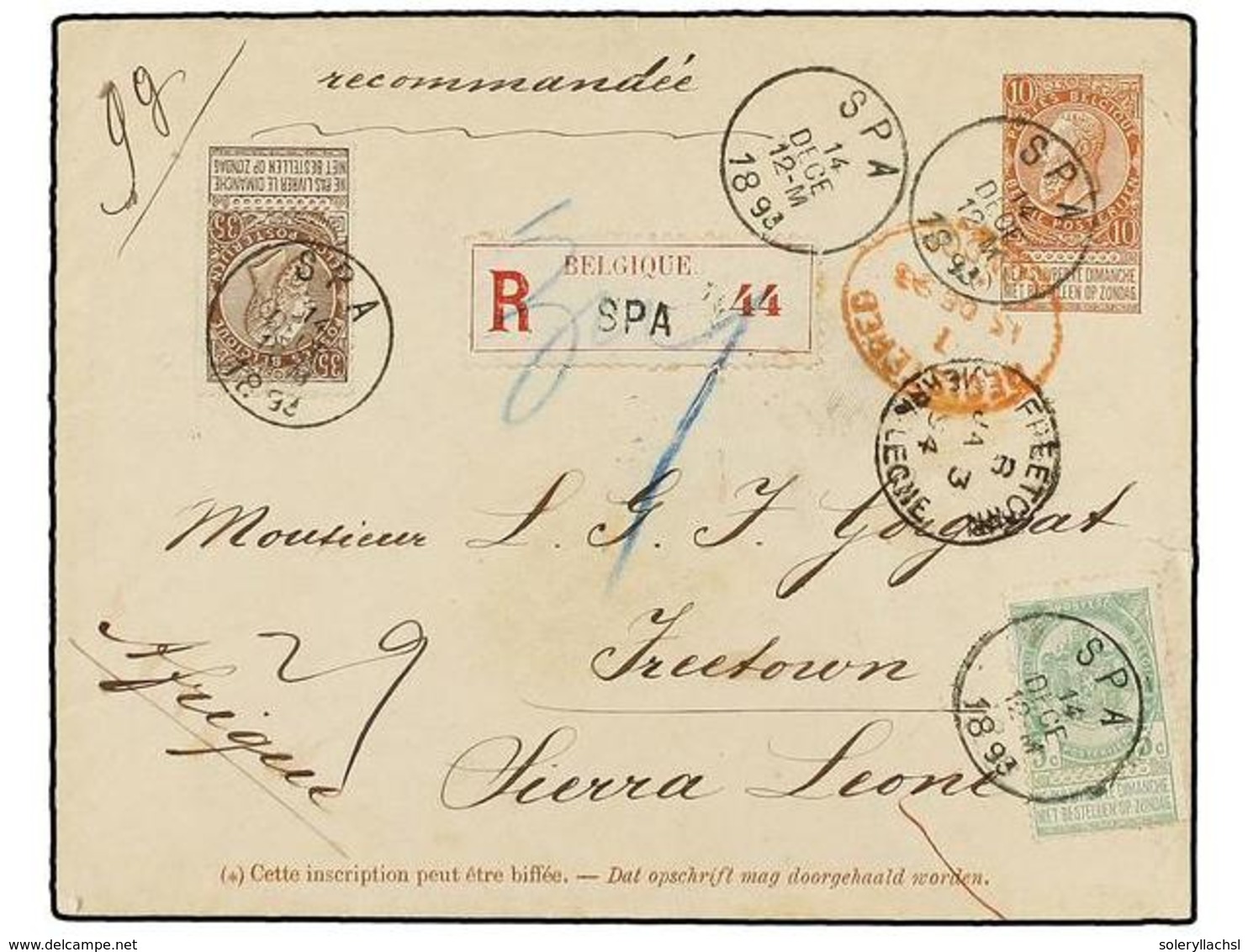 186 BELGICA. Of.56, 61. 1893. SPA To FREETOWN (Sierra Leone). <B>10 Cts.</B> Red-brown Postal Stationery Envelope Uprate - Andere & Zonder Classificatie