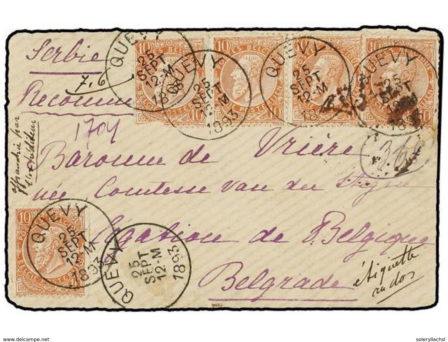 188 BELGICA. Of.57 (5). 1893. QUEVY To BELGRADE (Serbia). Envelope Uprated With Five <B>10 Cts.</B> Red-brown Stamps (on - Other & Unclassified