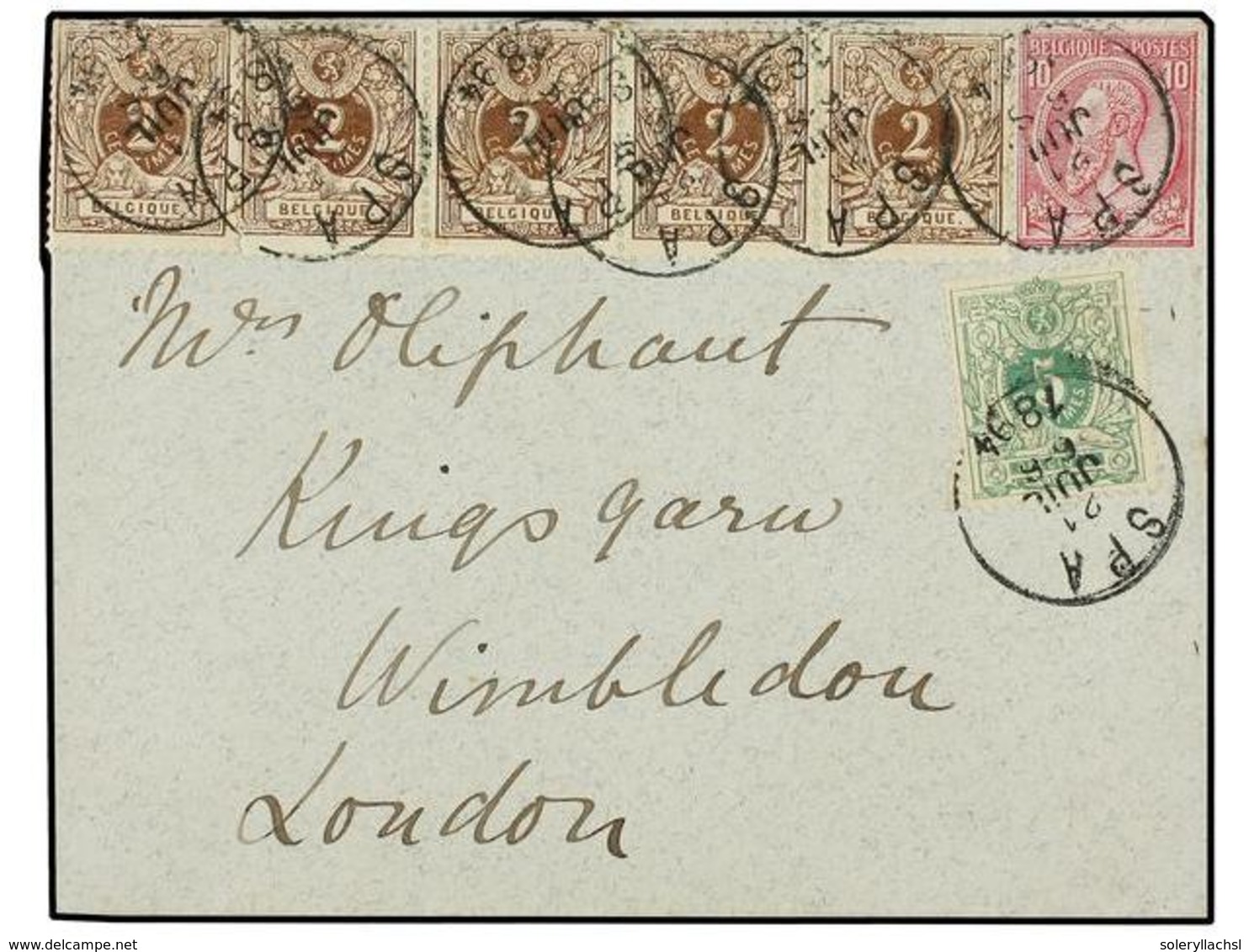 199 BELGICA. Of.44 (5), 45, 46. 1894. SPA To LONDON. Envelope Franked With Five <B>2 Cts.</B> Brown, <B>5 Cts.</B> Green - Other & Unclassified