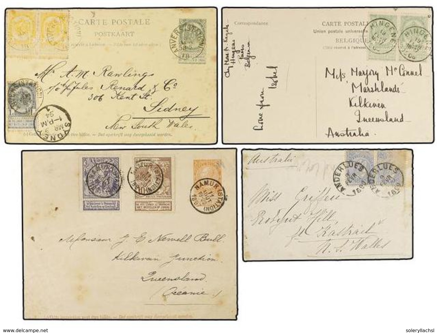 202 BELGICA. 1894-1904. FOUR Covers, Postcards And Postal Stationeries Sent To AUSTRALIA. - Andere & Zonder Classificatie