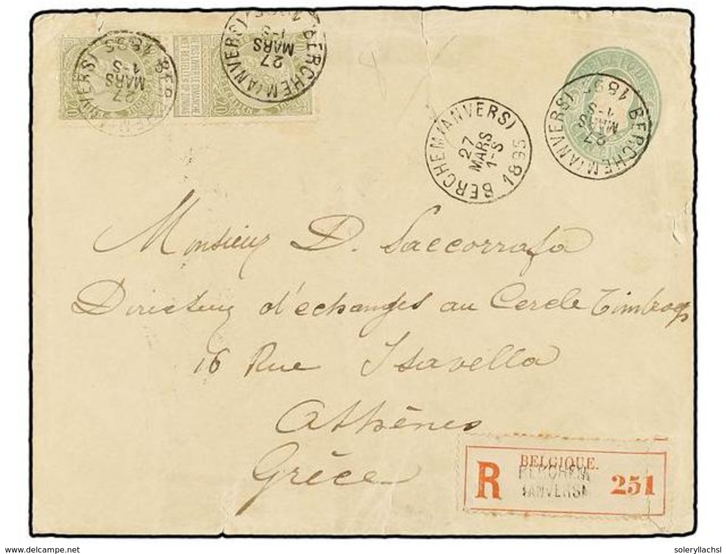 206 BELGICA. Of.59 (2). 1895. BERCHEM To ATHENS (Greece). <B>10 Cts. </B>green Postal Stationery Envelope Uprated With T - Autres & Non Classés