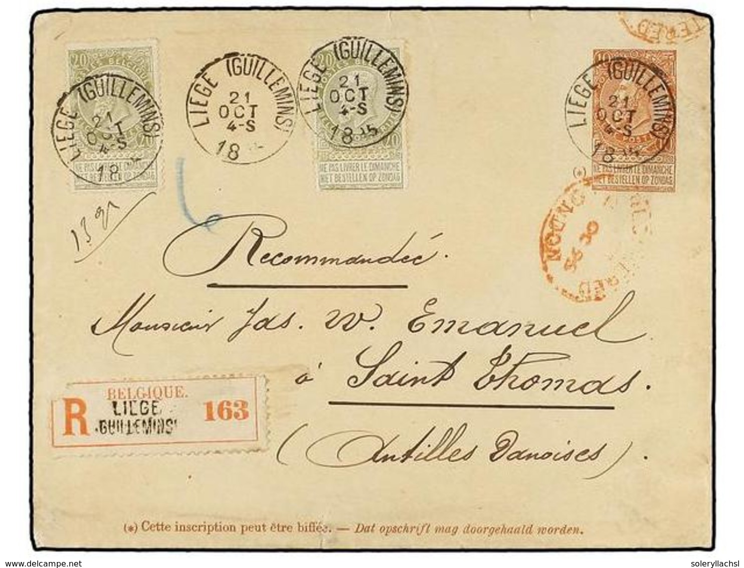 207 BELGICA. Of.59 (2). 1895. LIEGE To SAINT THOMAS (Danish West Indies). <B>10 Cts.</B> Red-brown Postal Stationery Env - Andere & Zonder Classificatie