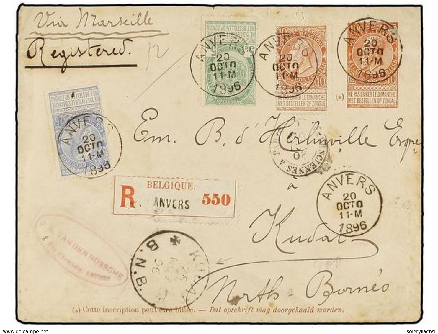 211 BELGICA. Of.56, 57, 60. 1896. ANVERS To KUDAT (North Borneo). <B>10 Cts.</B> Red-brown Postal Stationery Envelope Up - Sonstige & Ohne Zuordnung