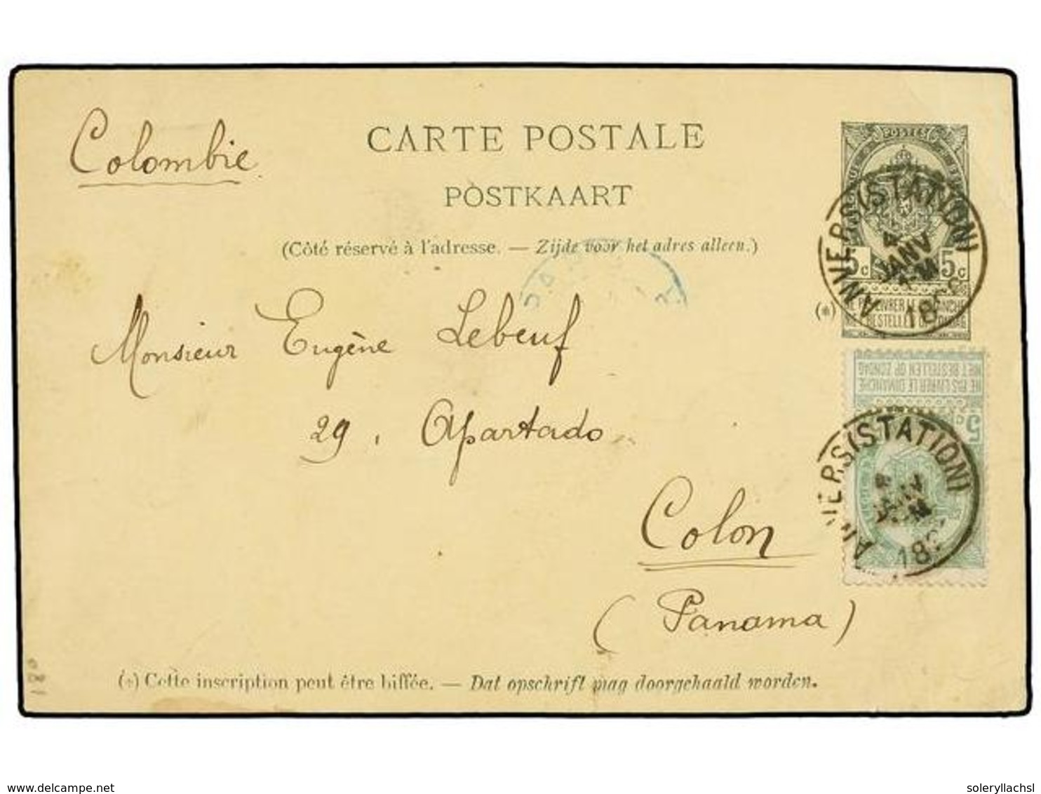 213 BELGICA. Of.83. 1896. ANVERS To COLON (Panama). <B>5 Cts.</B> Green Postal Stationery Card Uprated With <B>5 Cts.</B - Autres & Non Classés