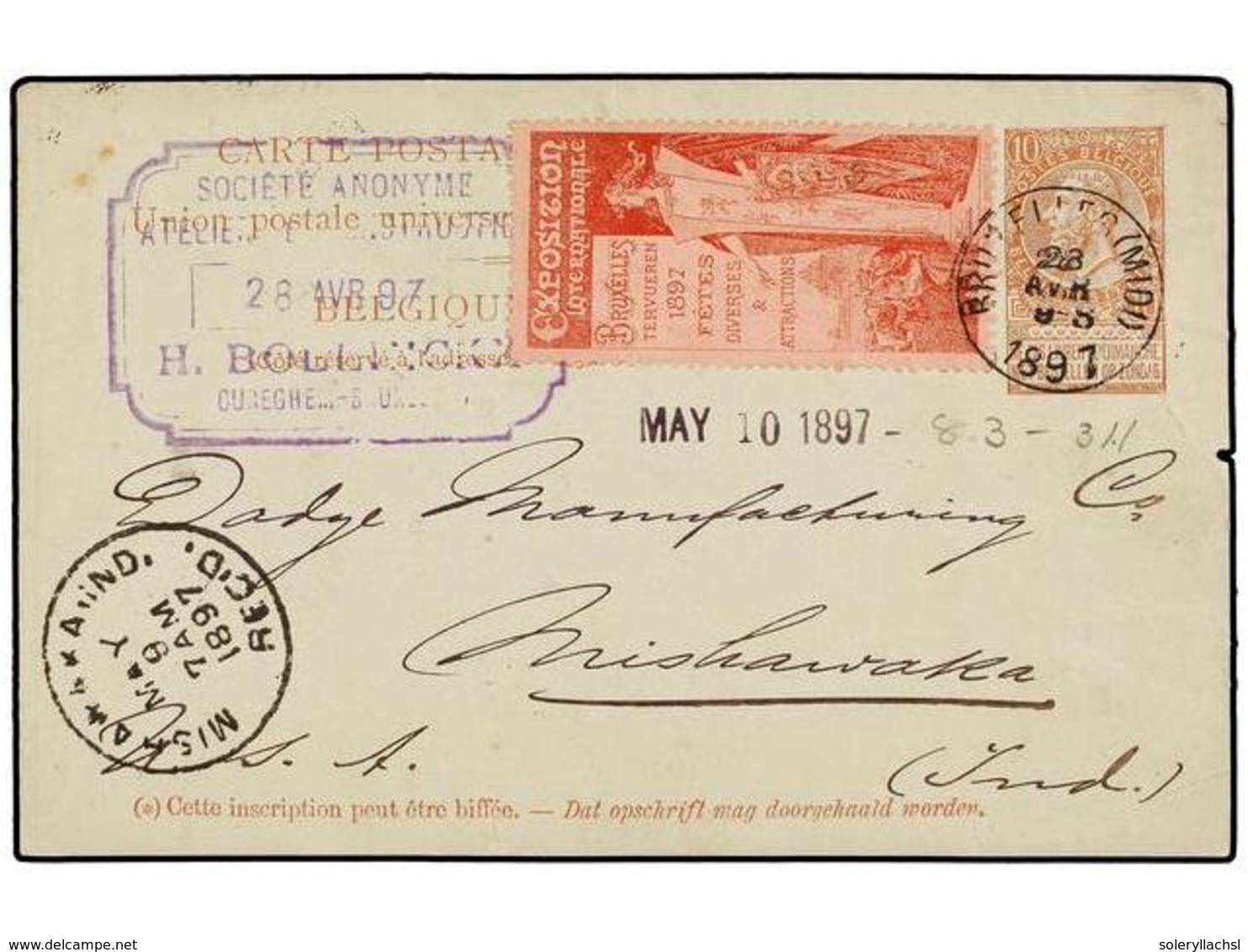 222 BELGICA. 1897. BRUXELLES To USA. <B>10 Cts.</B> Red Brown Postal Stationery Card With Red <B>EXPOSITION INTERNATIONA - Autres & Non Classés