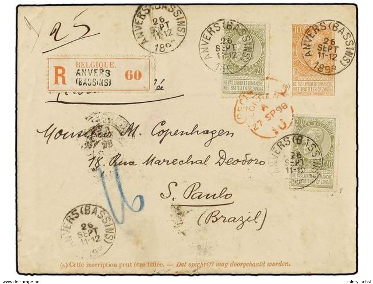 229 BELGICA. Of.59 (2). 1898. ANVERS To SAO PAULO (Brazil). <B>10 Cts.</B> Red-brown Postal Stationery Envelope Uprated  - Other & Unclassified