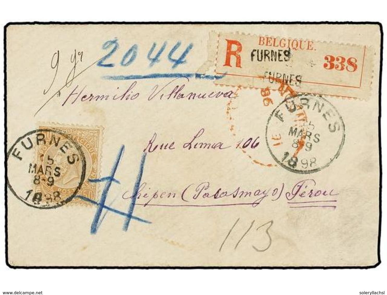 231 BELGICA. Of.62. 1898. FURNES To CHEPEN (Perú). Envelope Franked With <B>50 Cts.</B> Ocre, Sent Registered. <B>London - Sonstige & Ohne Zuordnung