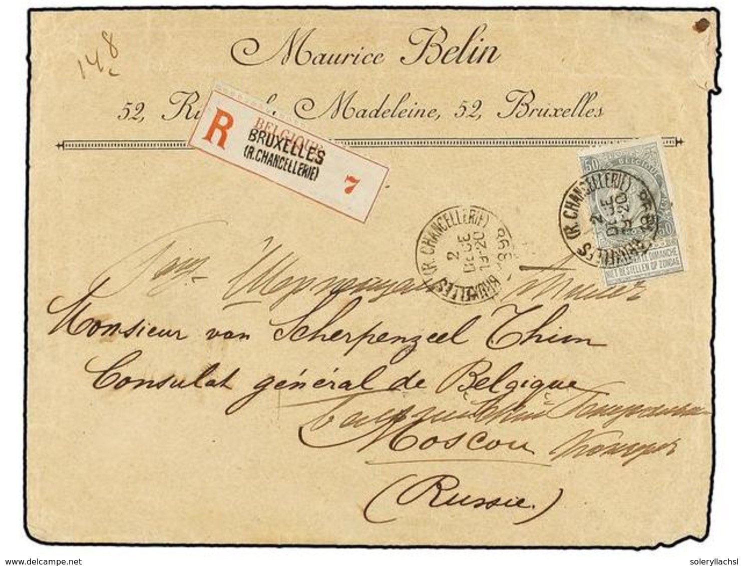 233 BELGICA. Of.63. 1898. BRUXELLES To MOSCOW (Russia). Envelope Franked With <B>50 Cts.</B> Grey Stamp, Sent Registered - Andere & Zonder Classificatie