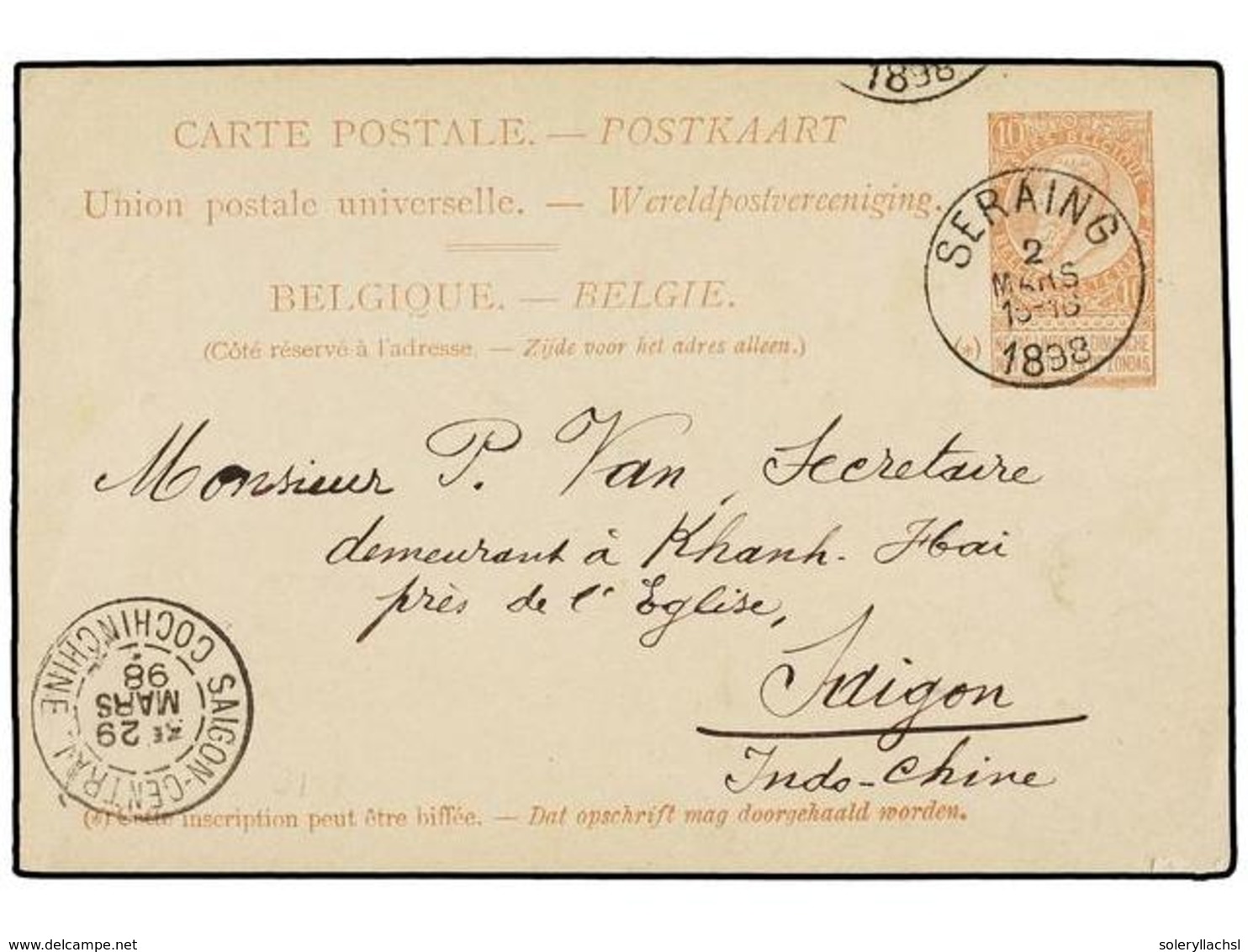 234 BELGICA. 1898. SERAING To SAIGON (Indochina). <B>10 Cts.</B> Red-brown Postal Stationery Card. <B>SAIGON</B> Cds. On - Sonstige & Ohne Zuordnung