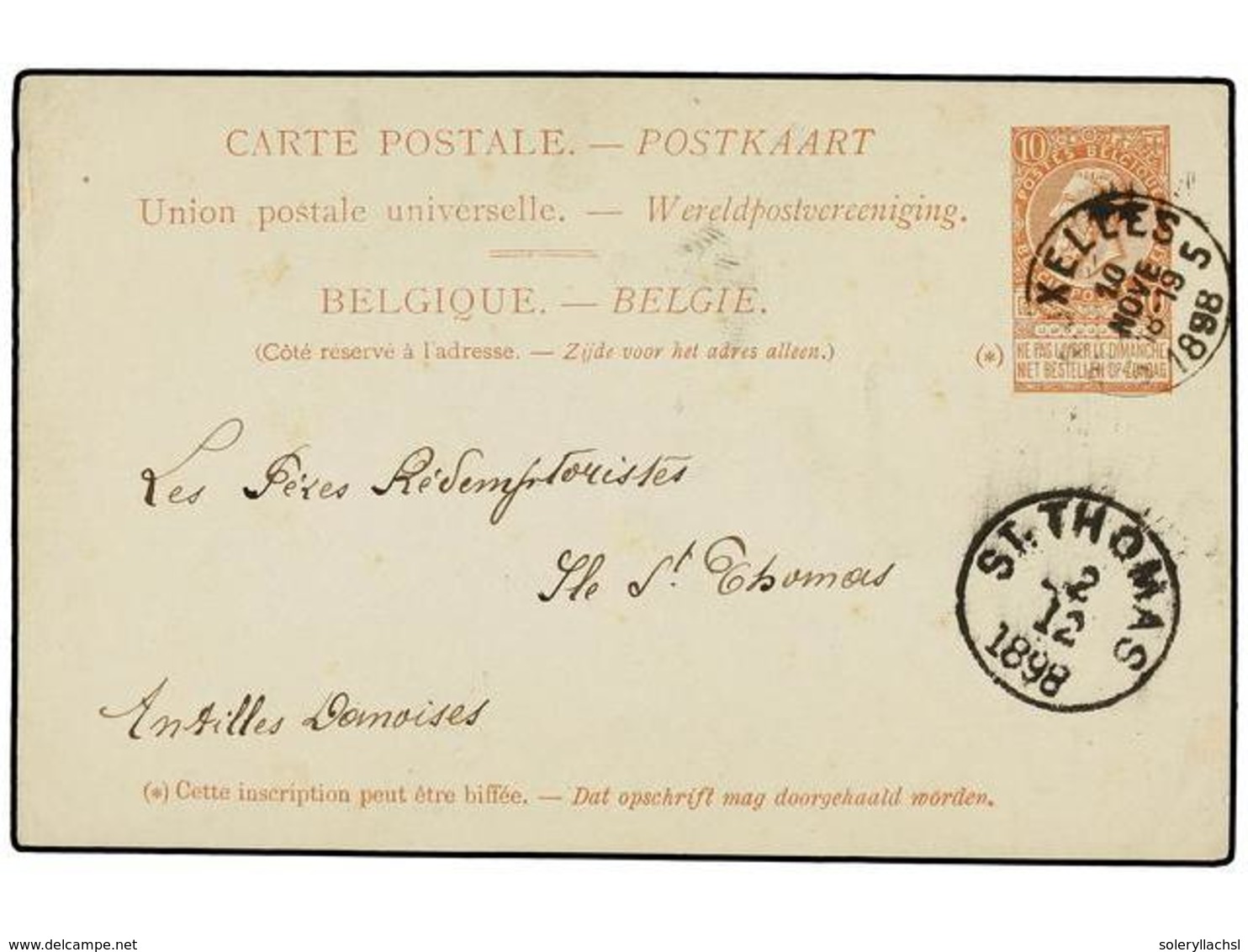 235 BELGICA. 1898. BRUXELLES To ST. THOMAS (Danish West Indies). <B>10 Cts.</B> Red Brown Postal Stationery Card, Arriva - Andere & Zonder Classificatie