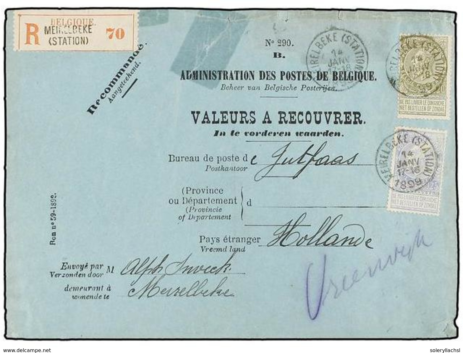 241 BELGICA. Of.59, 60. 1899. MAIRELBEKE To HOLLAND. Envelope <B>VALEURS A RECOUVRER</B> Franked With <B>20 Cts. </B>gre - Autres & Non Classés