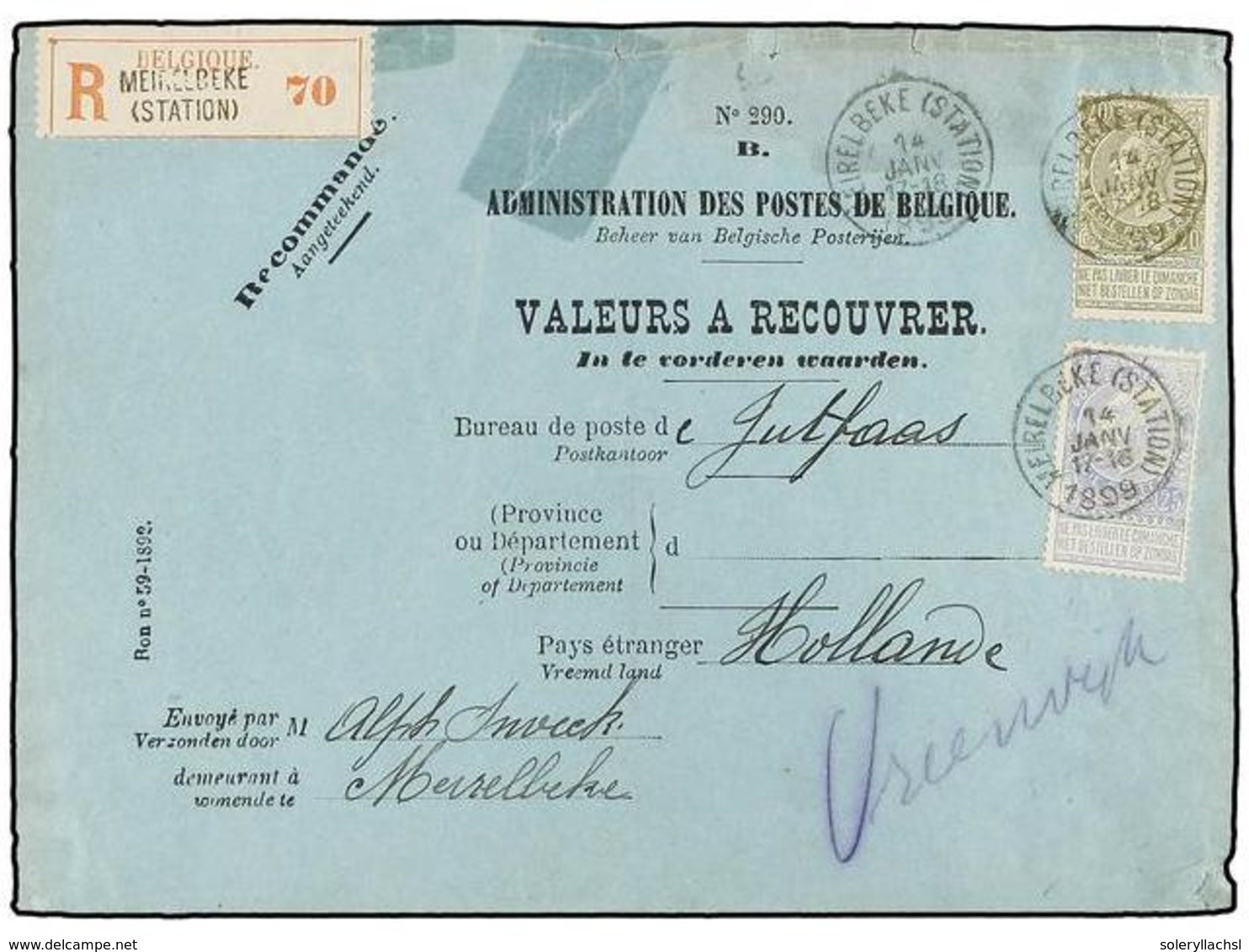 241 BELGICA. Of.59, 60. 1899. MAIRELBEKE To HOLLAND. Envelope <B>VALEURS A RECOUVRER</B> Franked With <B>20 Cts. </B>gre - Sonstige & Ohne Zuordnung